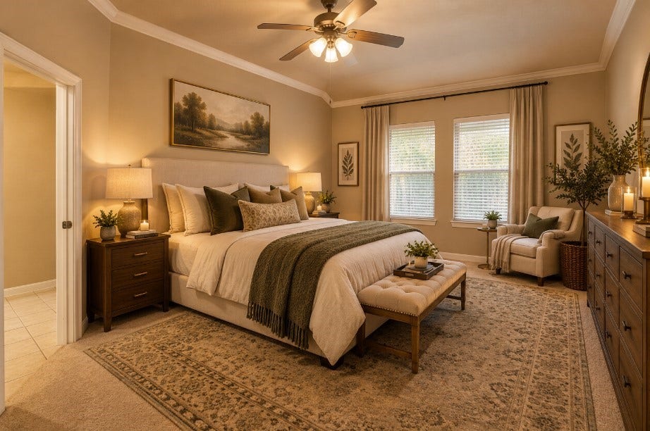 7 Fitzroy Place, Conroe, TX 77384 Primary bedroom with ceiling fan, carpet and 2 bright windows overlooking the yard.