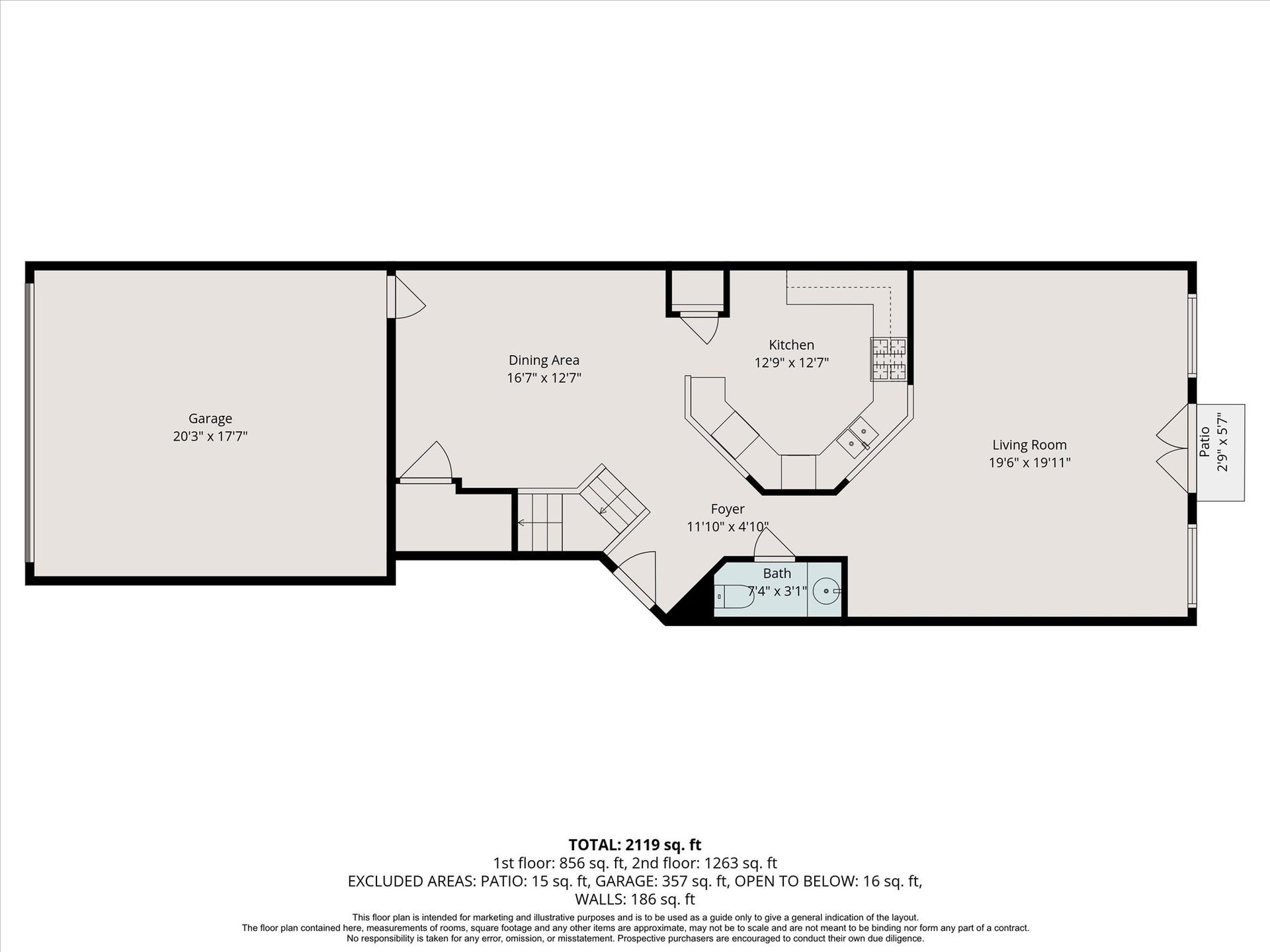 5513 Petty Street, #C, Houston, TX 77007 First-floor plan featuring open-concept living, dining, and garage access.