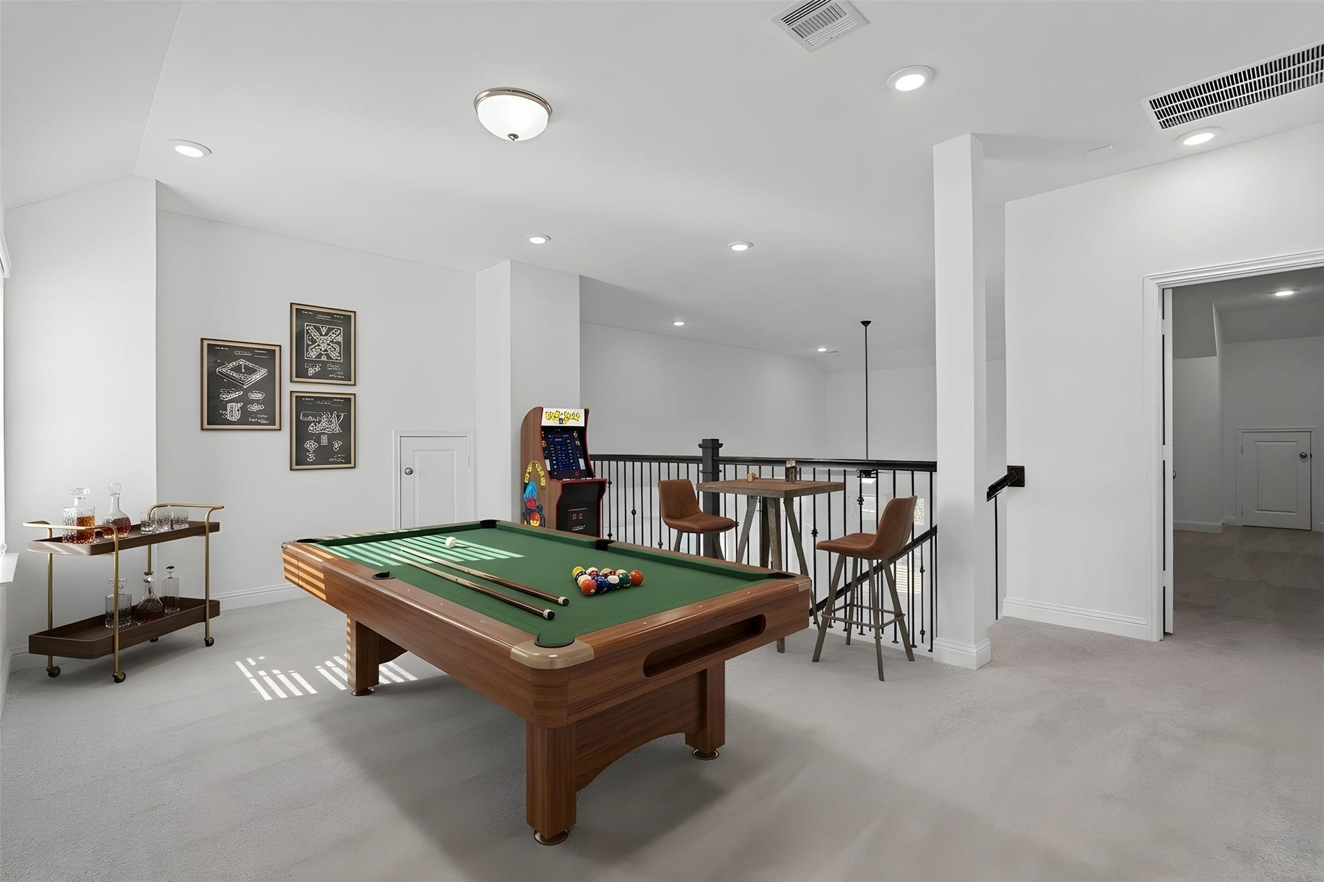 This generously sized game room offers plush carpet flooring, neutral-toned paint, high ceilings, and large windows with blinds for added comfort and tranquility. *Virtually Staged