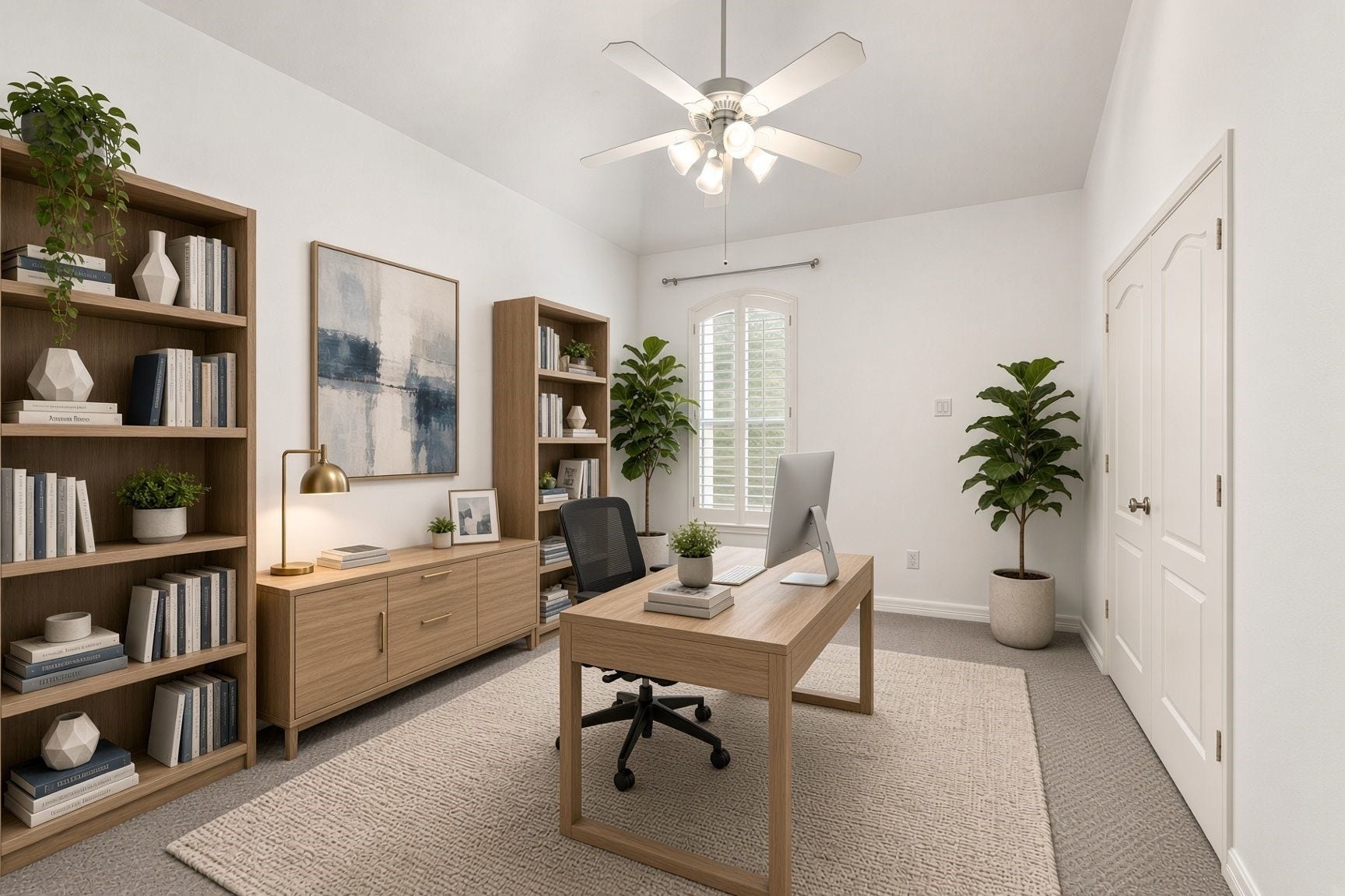 6113 Maxie Street, Houston, TX 77007 The third of the secondary rooms, features include a vaulted ceiling, arched window with plantation shutters & ceiling fan. Suitable for a home office or bedroom. Virtually staged to demonstrate bedroom furniture placement as on office.
