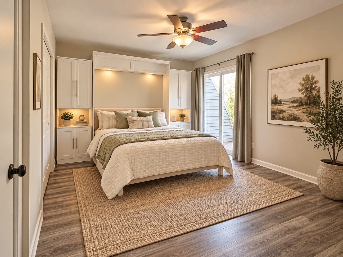 1402 Chardonnay Drive, Houston, TX 77077 Comfortable bedroom with warm wood flooring, ceiling fan, multiple windows, and generous natural light.