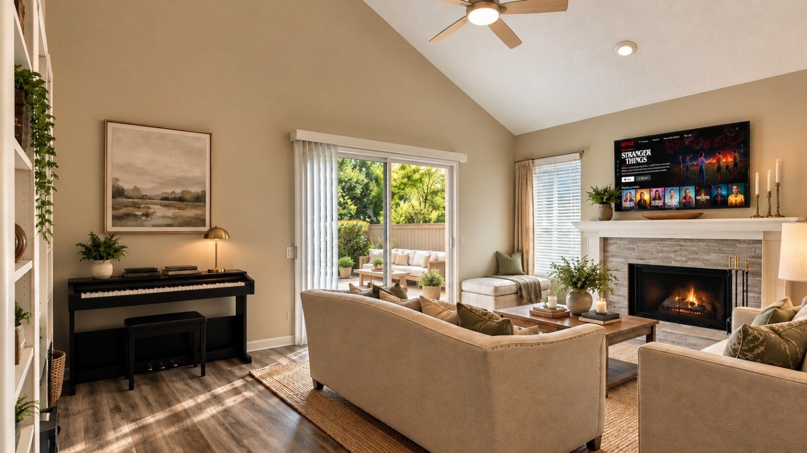 1402 Chardonnay Drive, Houston, TX 77077 Open-Concept Living and Dining Area: Bright open-concept living and dining space featuring wood-look flooring, a dedicated dining area, sliding glass doors, and a seamless flow for everyday living and entertaining.
