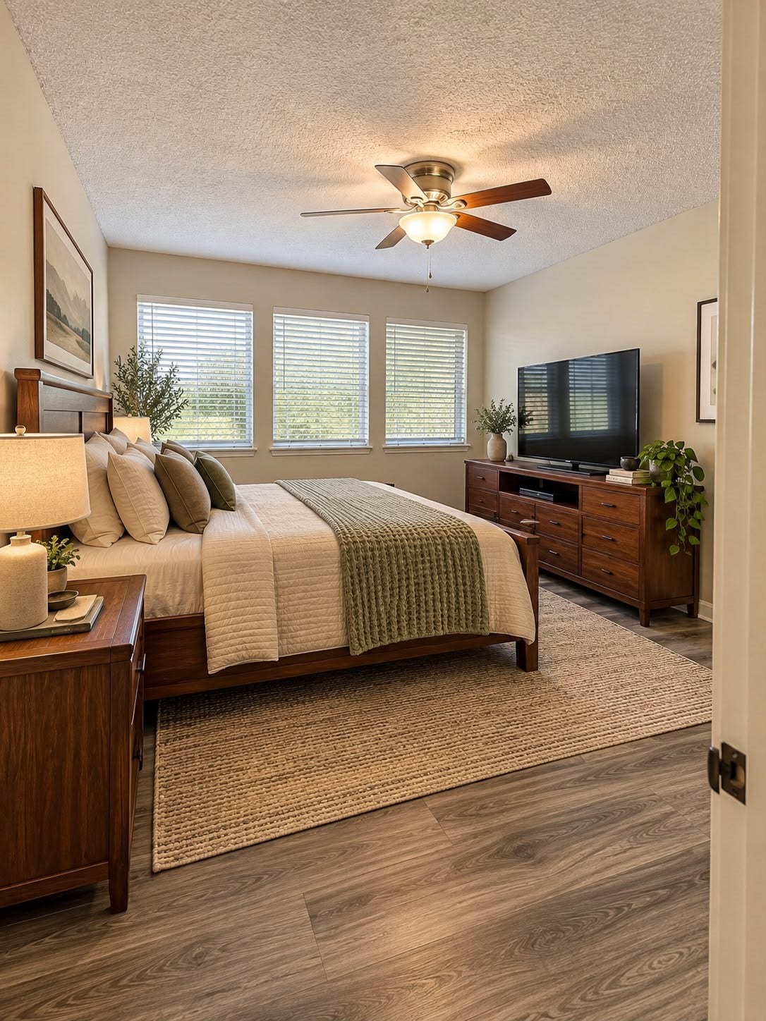 1402 Chardonnay Drive, Houston, TX 77077 Inviting primary suite with built-in cabinetry, accent lighting, and access to the outdoors.