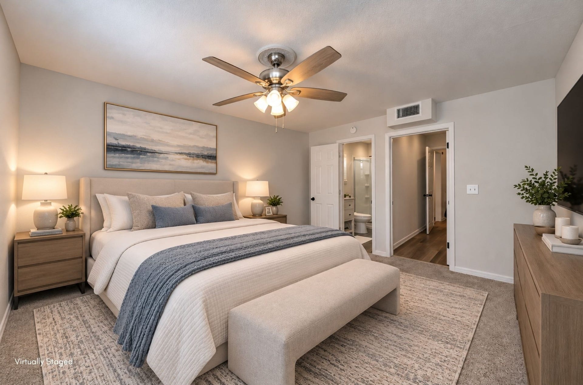 1309 W Lang Street, Alvin, TX 77511 Virtually staged primary bedroom to assist with visualizing furniture in the home.