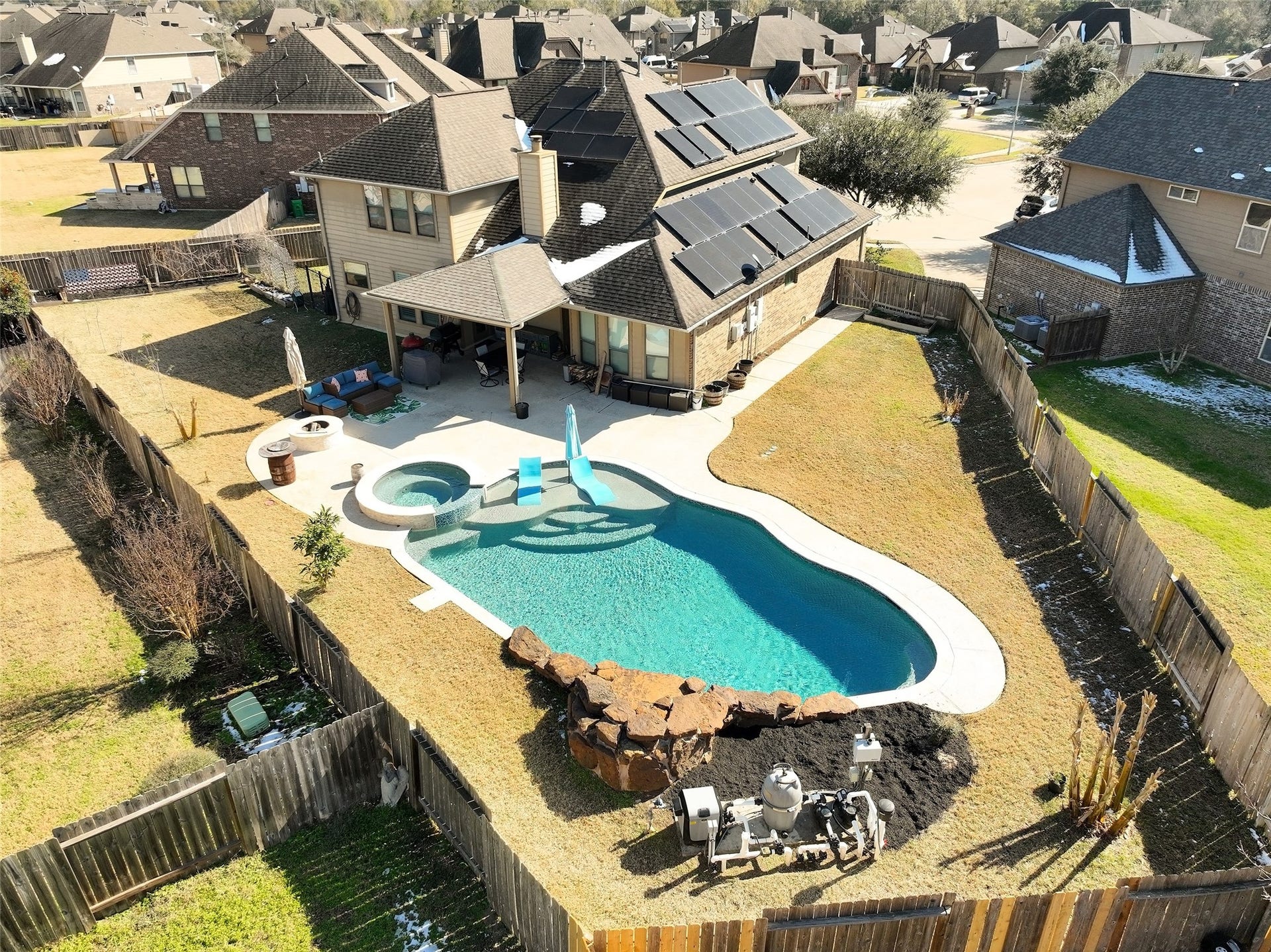 20811 Noble Crusade Court, Tomball, TX 77375 Oversized lot on cul de sac with fenced side yard for dogs. Pool, hot tub, fire pit, and covered patio built in 2020.