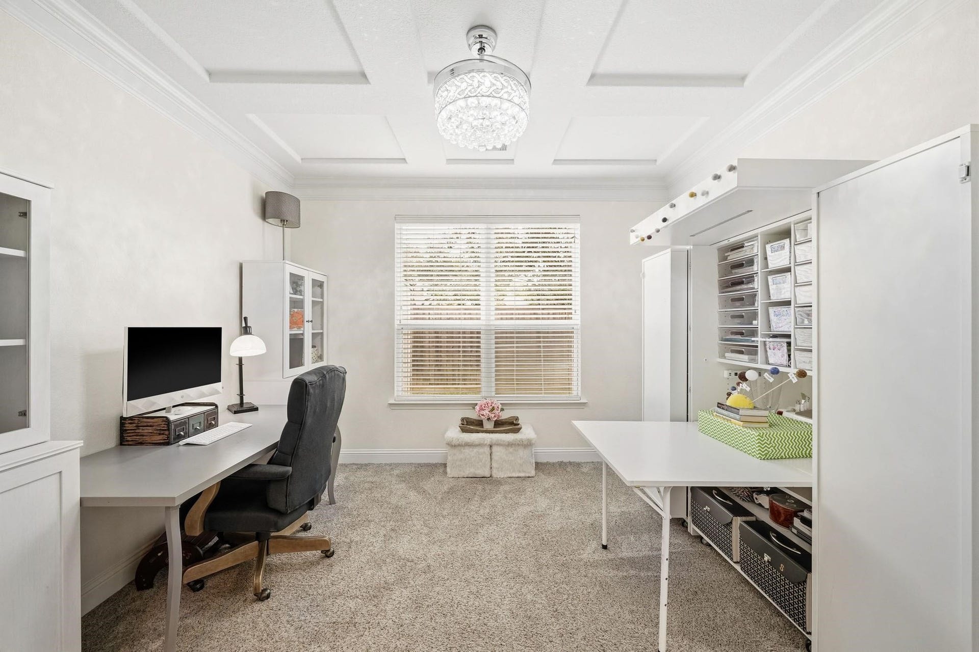 17610 Strackfield Lane, Tomball, TX 77377 A richly detailed coffered ceiling and double crown molding elevate this executive study, offering a refined setting for productivity and inspiration.