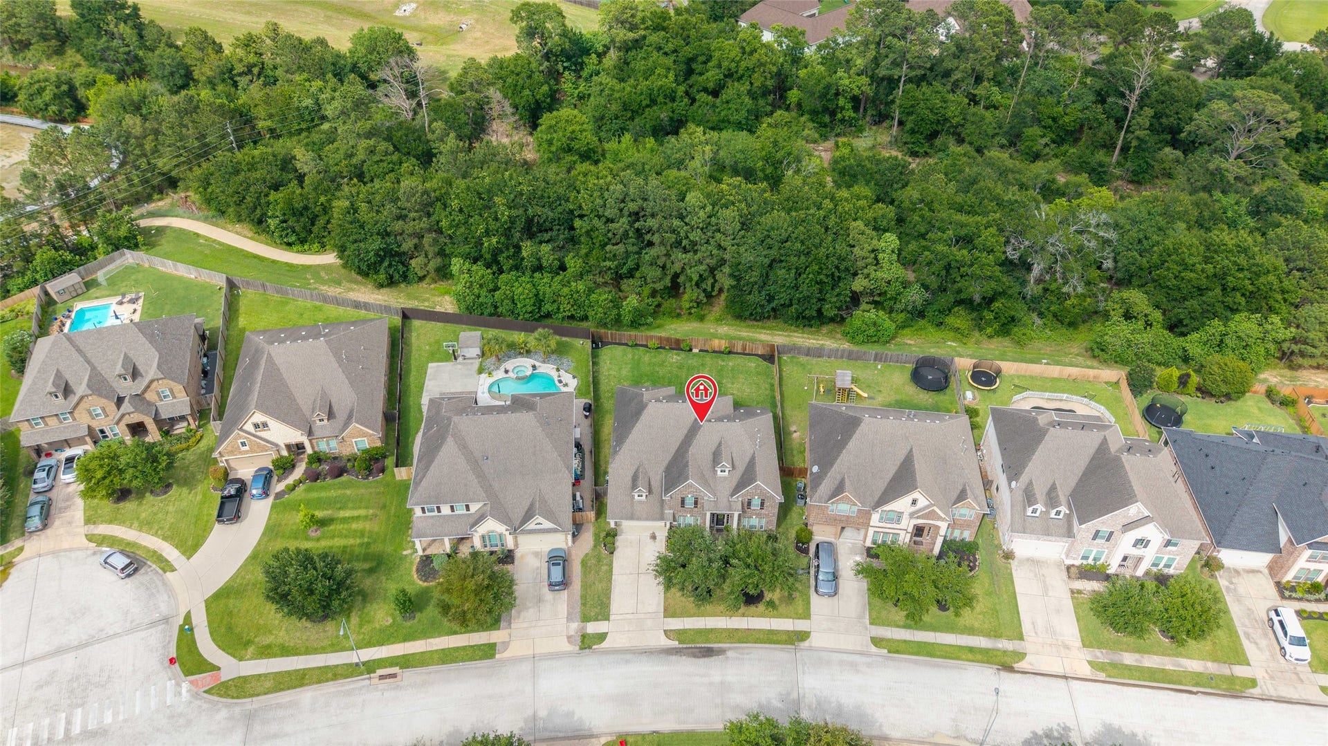 14422 Lakepointe Bend Lane, Cypress, TX 77429 Aerial view highlighting the wooded area and walking trails.