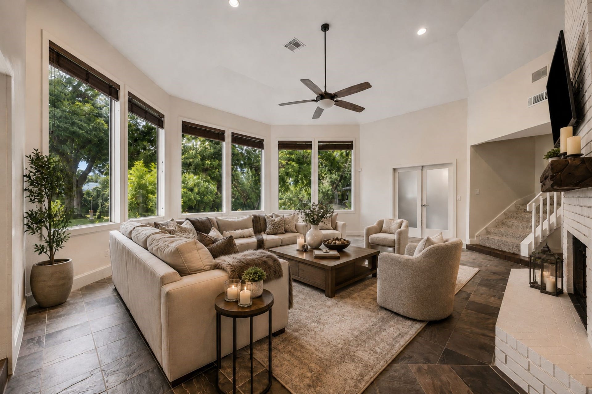 2020 PECAN LAKE DRIVE, Richmond, TX 77406 LARGE WINDOWS WRAP THE LIVING AREA, FILLING THE SPACE WITH NATURAL LIGHT AND PROVIDING VIEWS OF THE SURROUNDING GREENERY. ***Virtually Staged.