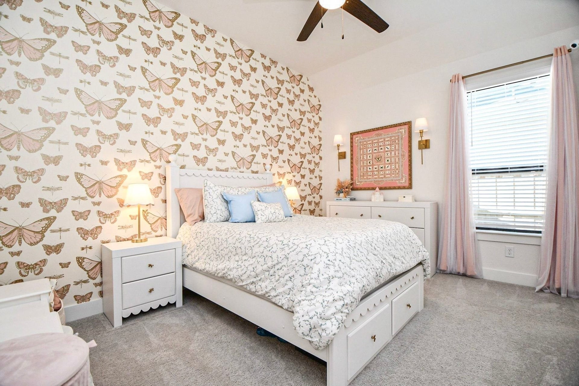 20222 Palomar Pointe Drive, Cypress, TX 77433 Charming bedroom adorned with elegant butterfly wallpaper, featuring a cozy bed with soft pastel accents, ample natural light, and tasteful decor.
