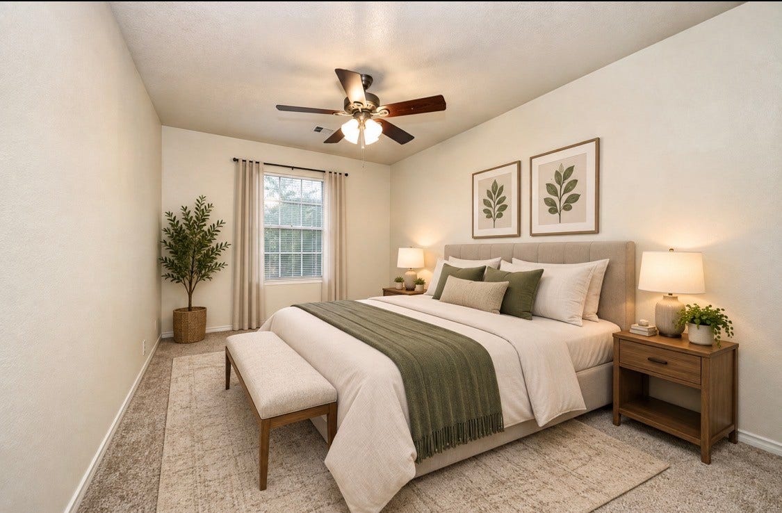Discover the serene elegance of this virtually staged third bedroom, featuring a cozy atmosphere with stylish decor and ample natural light.