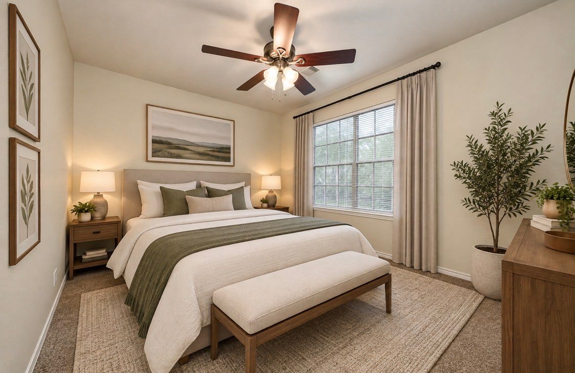 Experience serene comfort in this virtually staged second bedroom, featuring a cozy layout enhanced by stylish decor and abundant natural light.