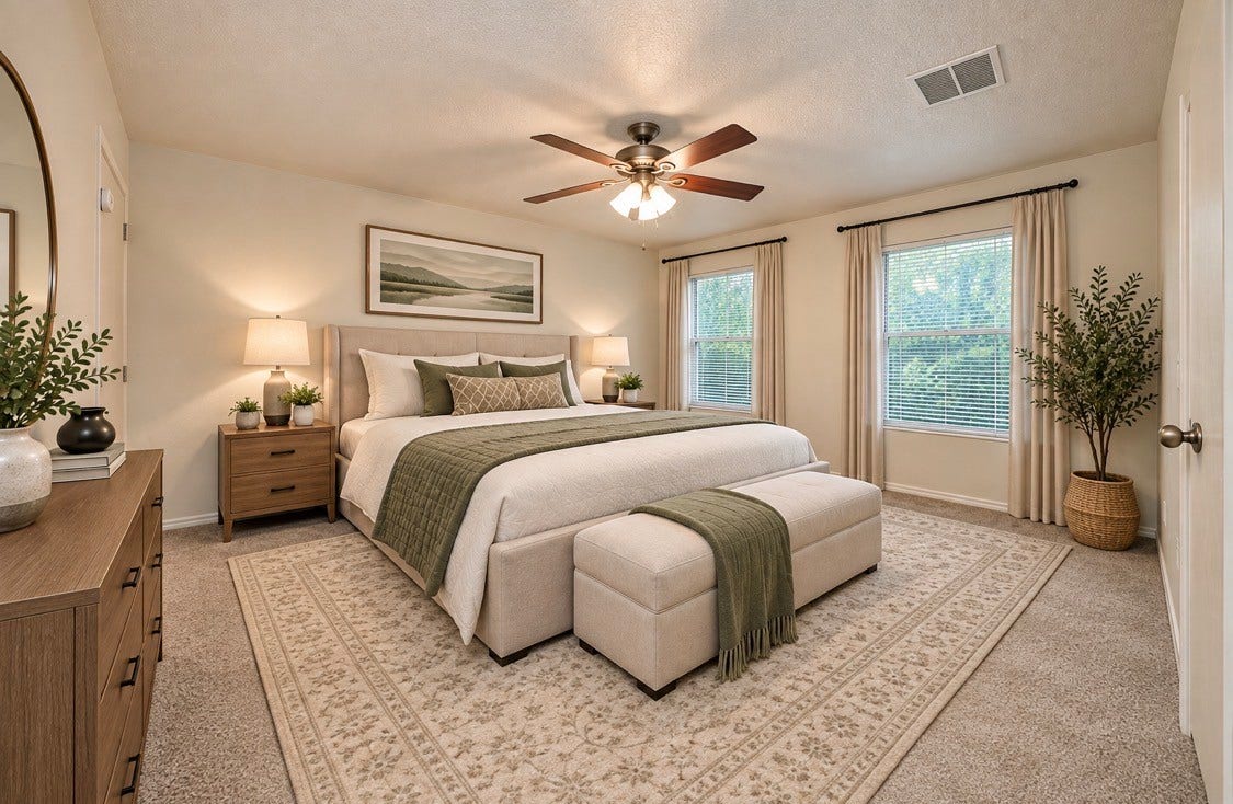 Experience tranquility in this virtually staged primary bedroom, featuring elegant furnishings, serene decor, and abundant natural light for a peaceful retreat.