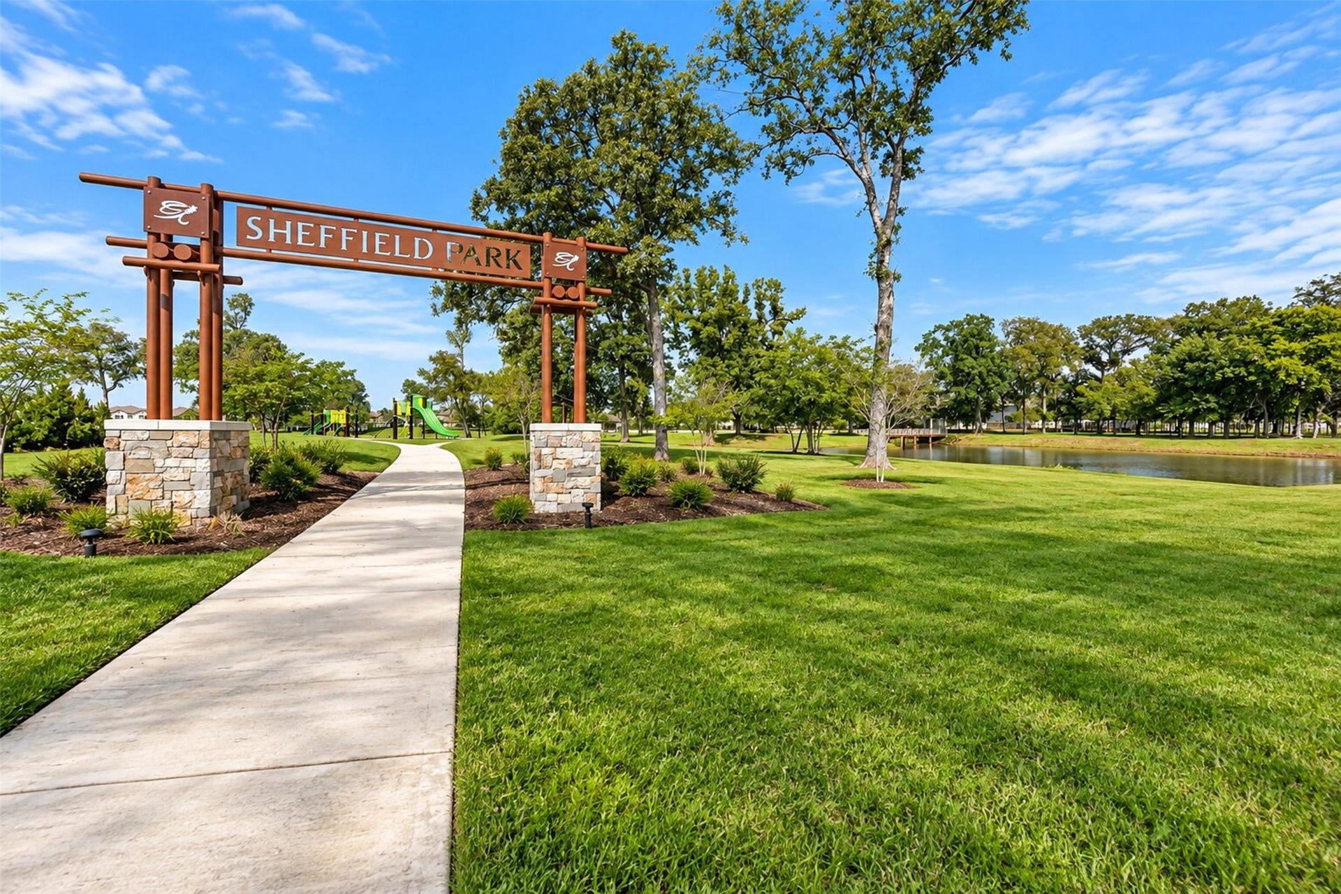 32506 Ebony Jewelwing Court, Fulshear, TX 77441 Sheffield Park Entrance
Welcome to Sheffield Park! Beautifully landscaped community green space featuring scenic walking paths, mature trees, playground access, and picturesque water views.