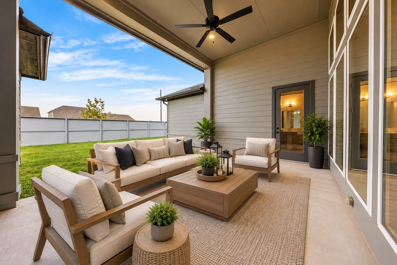 32506 Ebony Jewelwing Court, Fulshear, TX 77441 Covered Patio: Extend your living experience outdoors with a spacious covered patio, ceiling fan, and views of the fenced backyard.