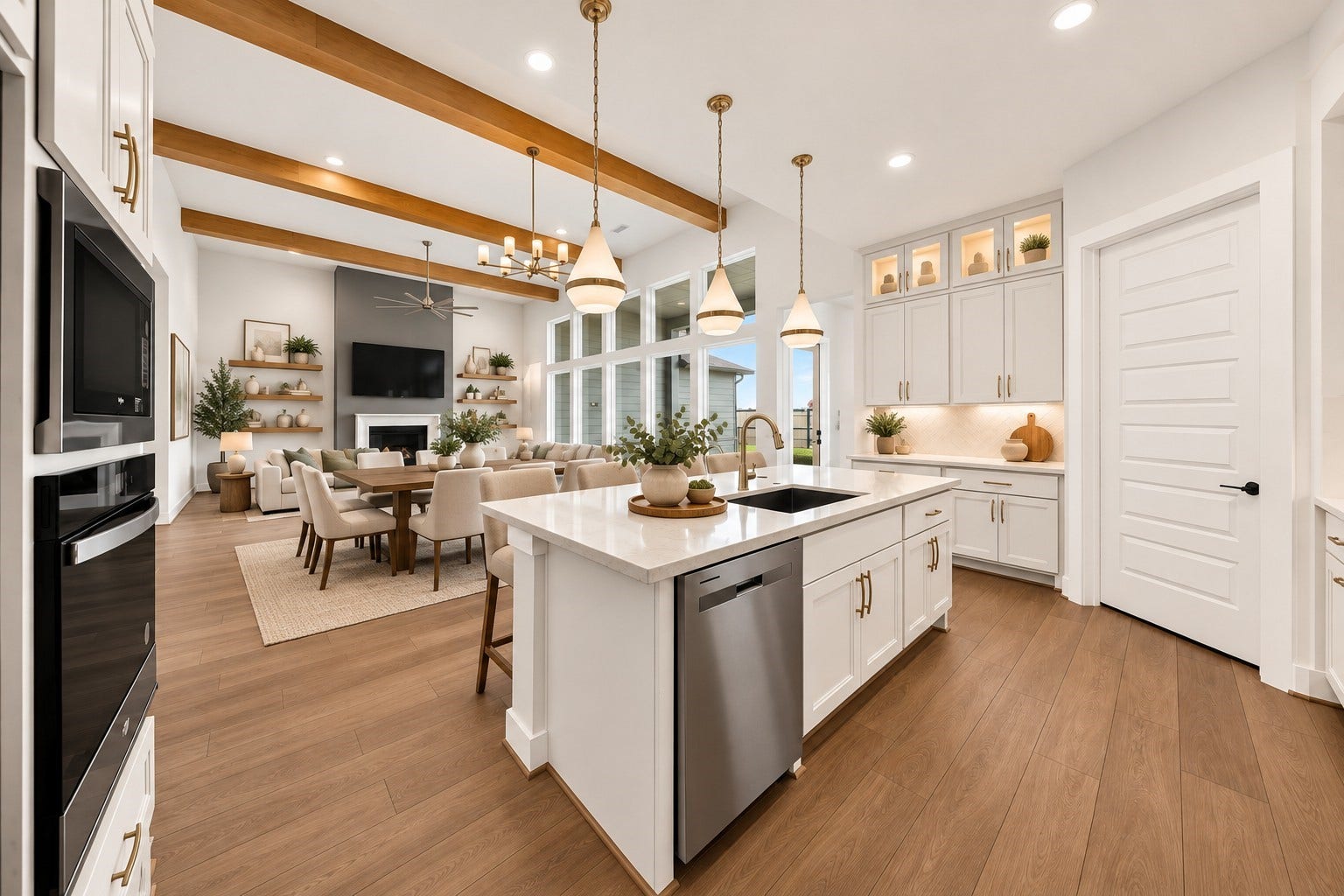 32506 Ebony Jewelwing Court, Fulshear, TX 77441 Kitchen and Living Area: Experience effortless entertaining with a spacious kitchen island overlooking the dining area and impressive living room with fireplace.