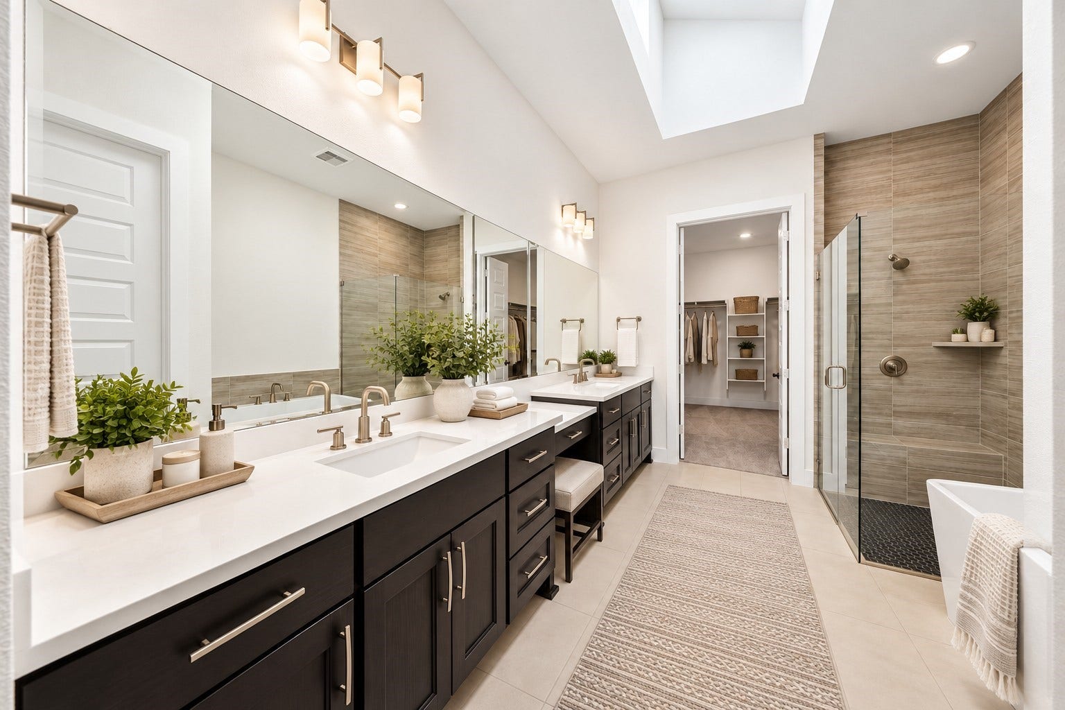 32506 Ebony Jewelwing Court, Fulshear, TX 77441 Primary Bathroom: Spa-inspired luxury featuring dual vanities, expansive countertops, a separate glass-enclosed shower, and elegant tile finishes.