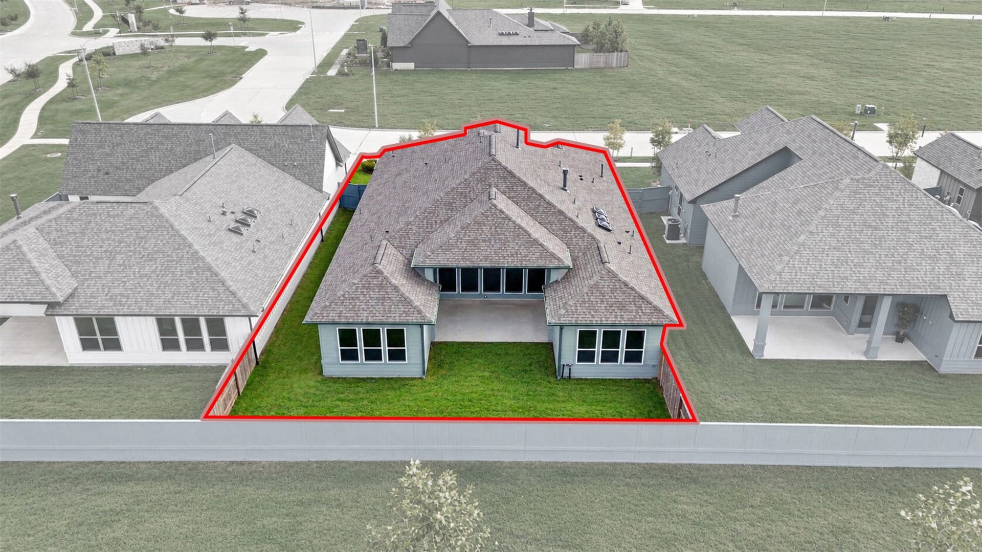 32506 Ebony Jewelwing Court, Fulshear, TX 77441 Aerial Property Overview (Outlined)
Aerial perspective highlighting the home's distinctive architectural design, spacious backyard, covered patio, and property boundaries as illustrated.