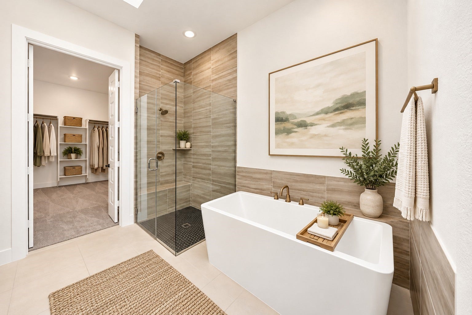 32506 Ebony Jewelwing Court, Fulshear, TX 77441 Primary Bath and Soaking Tub: Unwind in a beautifully appointed primary bathroom with a freestanding soaking tub, glass-enclosed shower, and access to the expansive walk-in closet.