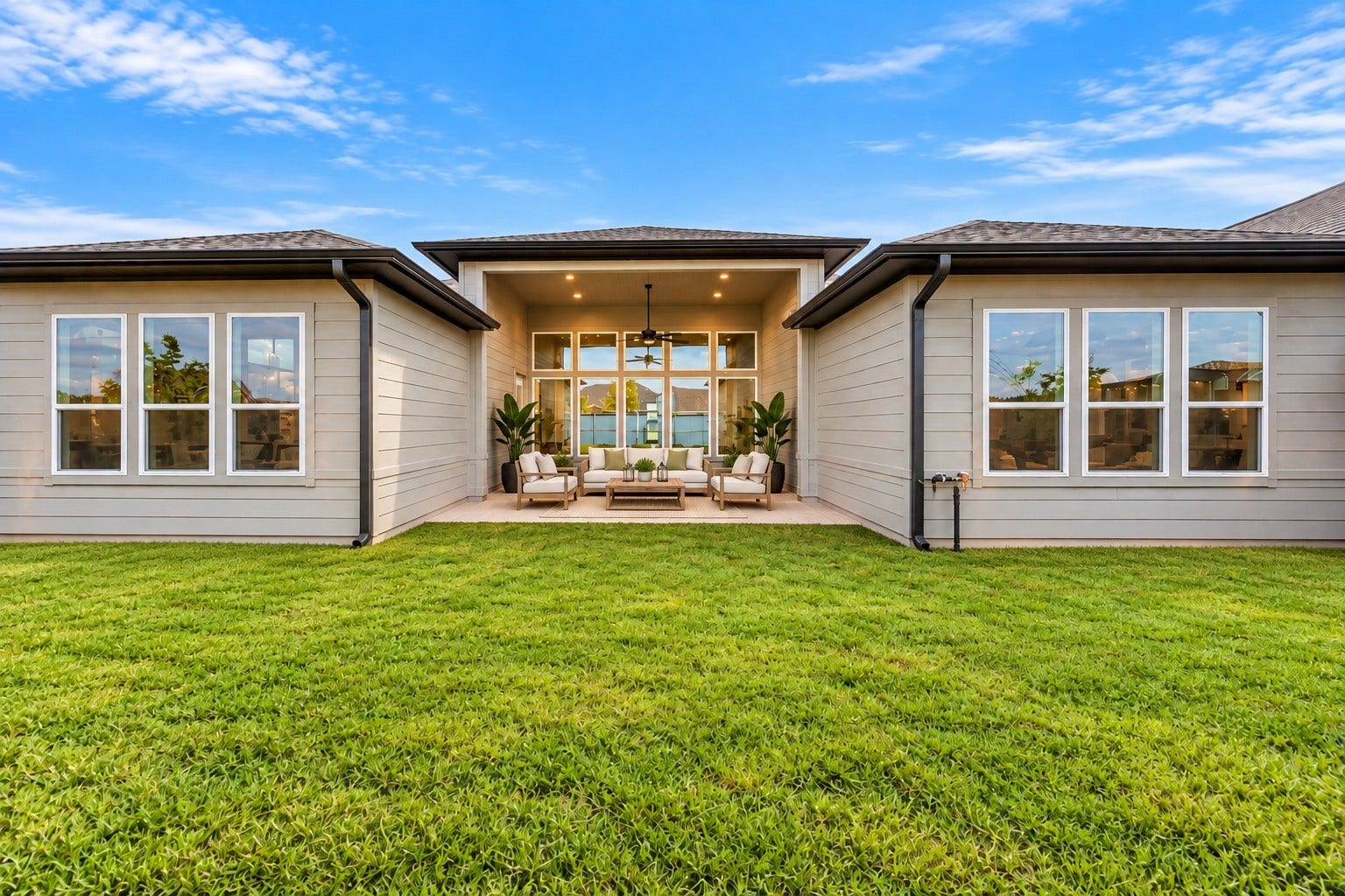 32506 Ebony Jewelwing Court, Fulshear, TX 77441 Covered Patio & Backyard
Stunning rear elevation featuring an expansive covered patio, soaring ceilings, and impressive walls of windows that create a seamless connection between indoor and outdoor living.