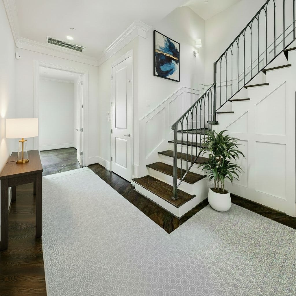 2413 Mimosa Drive, Houston, TX 77019 Virtually staged. The staircase becomes an architectural feature of its own. Paneled walls follow the rise of the stairs, dark wood treads add warmth, and the iron railing keeps the composition open and visually light.