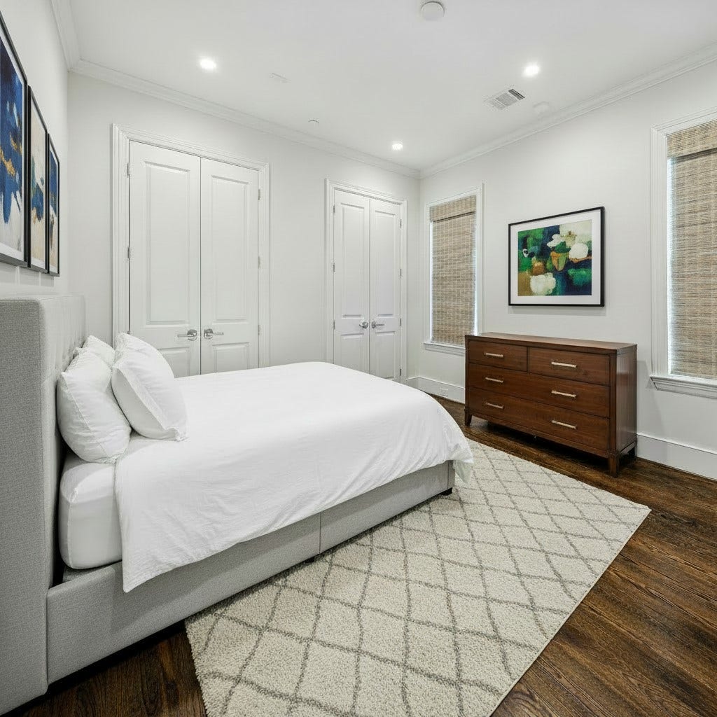 2413 Mimosa Drive, Houston, TX 77019 The same room virtually furnished shows its scale especially well. A substantial upholstered bed sits comfortably alongside a full-size dresser, while dual closets provide storage without interrupting the symmetry of the space.