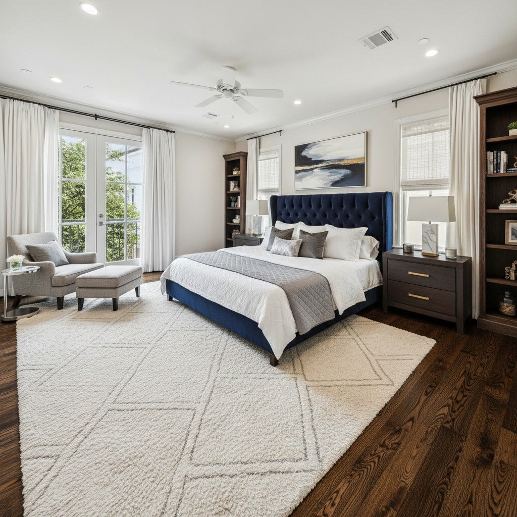 2413 Mimosa Drive, Houston, TX 77019 Virtually staged to illustrate its scale, the primary bedroom easily accommodates a substantial bed, nightstands, and a separate sitting area without feeling crowded. French doors and surrounding windows give the suite an especially open, airy quality.
