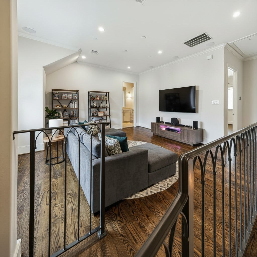 2413 Mimosa Drive, Houston, TX 77019 Virtually staged. The fourth-floor game room creates an entirely separate destination within the home. Shown staged as a media lounge, theres ample room for a large sectional and entertainment setup, making this level ideal for movie nights, gaming, or a relaxed second living space.