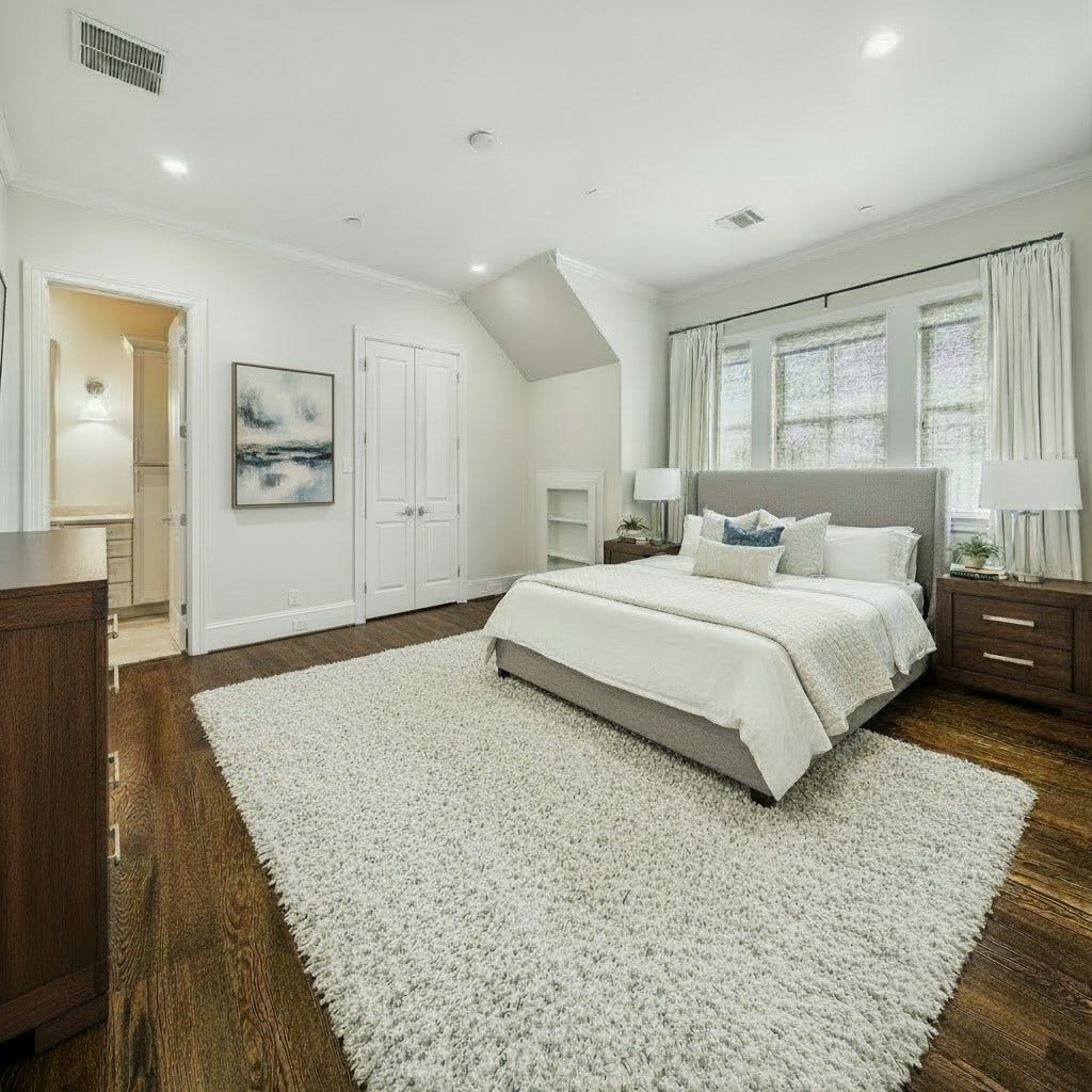 2413 Mimosa Drive, Houston, TX 77019 Virtually staged to show scale, the fourth-floor bedroom comfortably accommodates a substantial bed and additional furniture. Combined with its en-suite bath and separation from the primary living levels, it makes an especially inviting private guest suite.