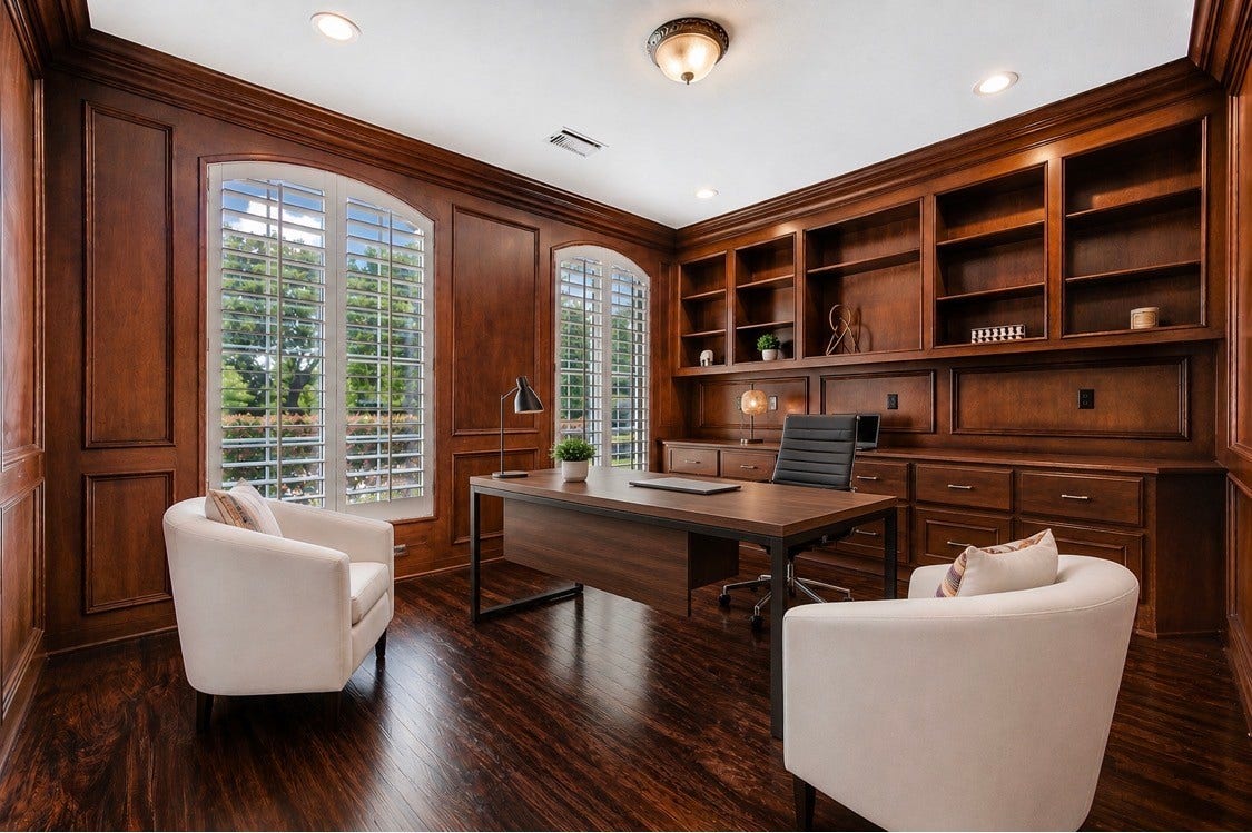 14114 Barnhart Boulevard, Houston, TX 77077 Custom wood-paneled study featuring floor-to-ceiling bookshelves, offering a quiet, private home office environment.