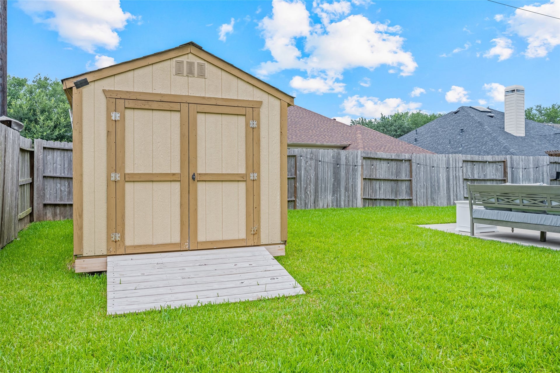3806 Belmore Lane, Pearland, TX 77584 Extra backyard storage is already handled with this convenient detached shed, leaving more room to keep outdoor equipment organized.