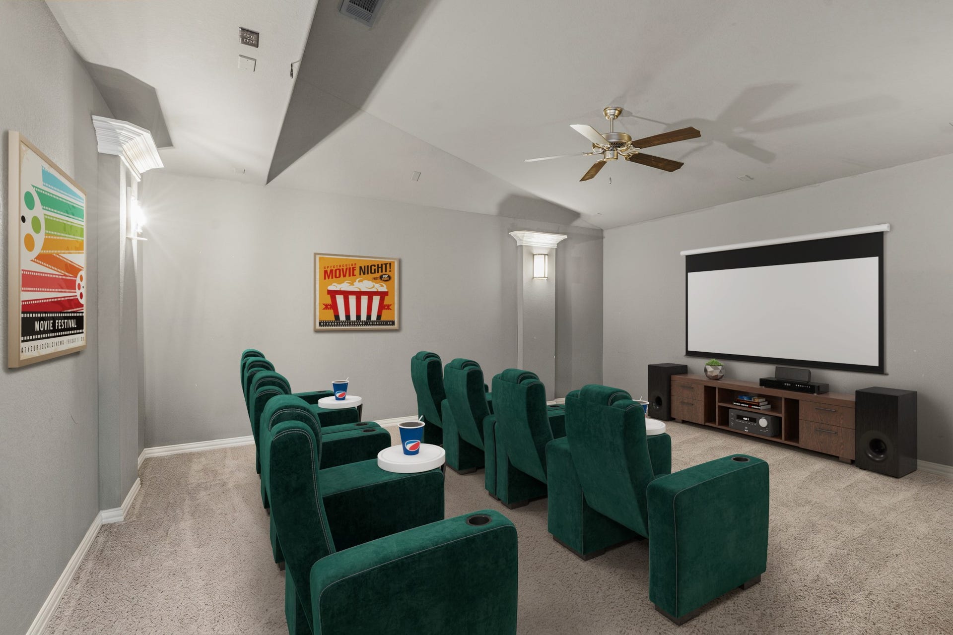 Virtually Staged: Ready for movie night, the massive upstairs media room boasts double-door entry and custom wall sconces for authentic theater ambiance.