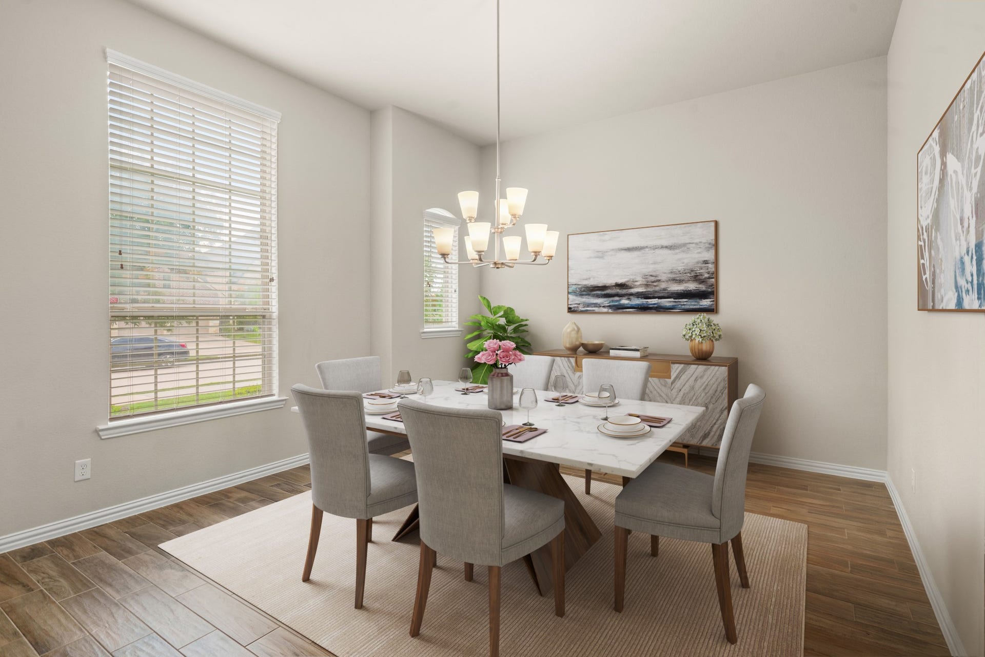 Virtually Staged: An expanded perspective of the formal dining room highlights the extensive wood-look tile flooring, neutral wall tones, and plenty of space for large sideboards or buffet furniture.