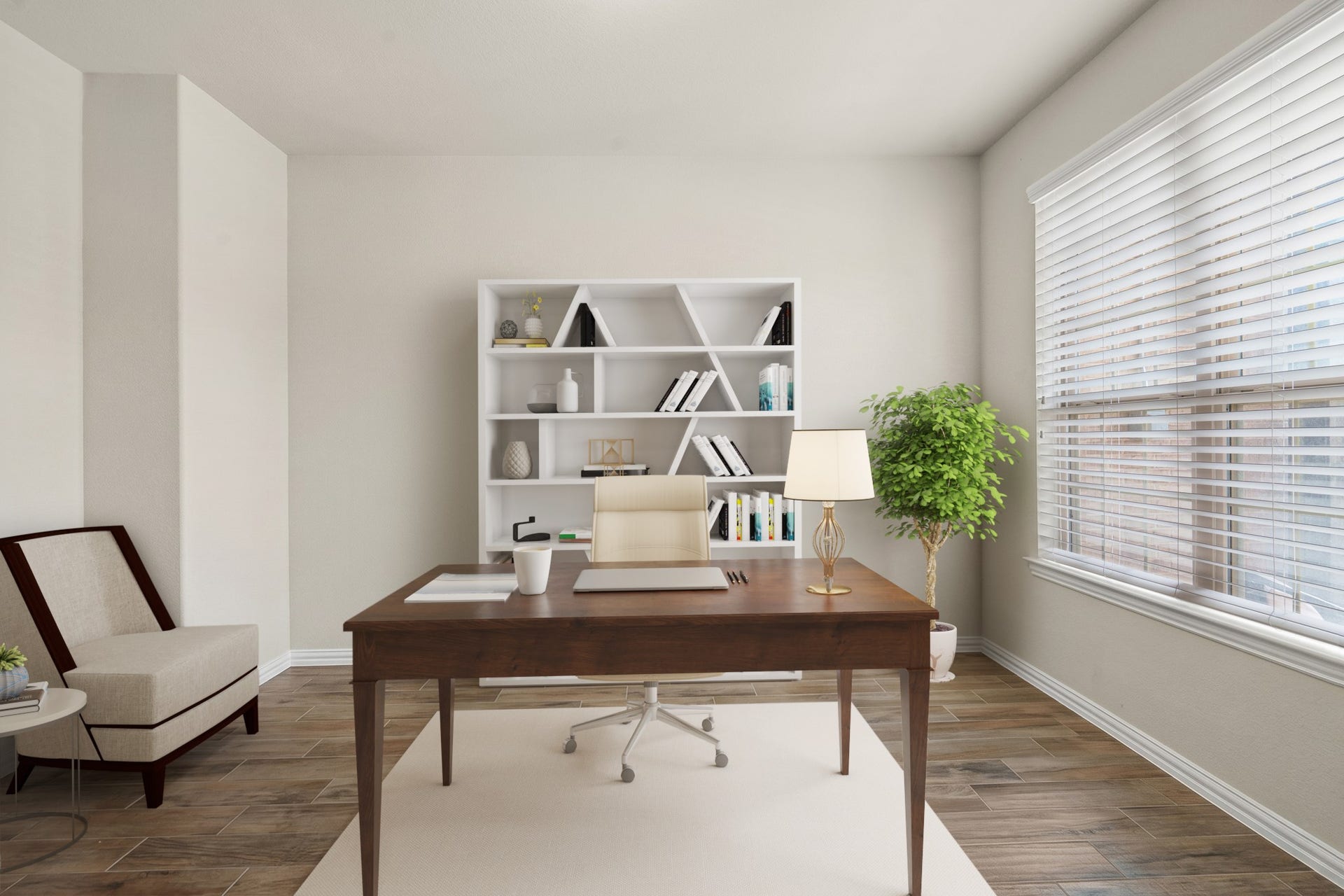 Virtually Staged: The private downstairs study or home office is richly detailed with beautiful wood-look tile flooring, bright windows, and plenty of space for a custom desk configuration.