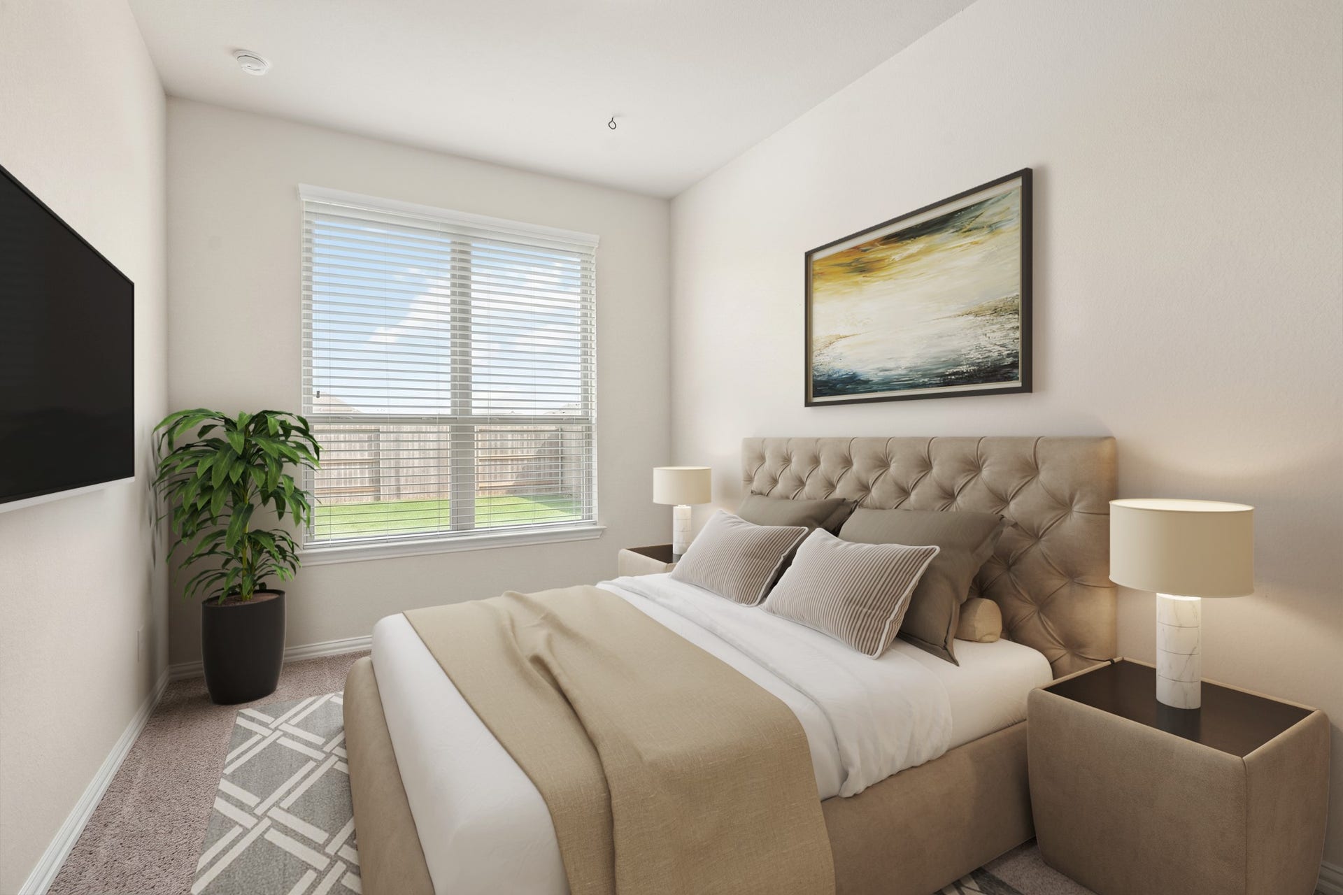 Virtually Staged: A versatile secondary bedroom is located on the first floor and features a large window with blinds.