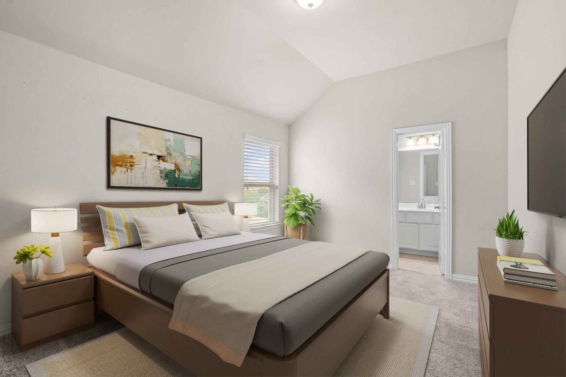 Virtually Staged: A comfortable secondary bedroom layout showcases high sloped ceilings, large windows with blinds, and direct access to an attached full bathroom.
