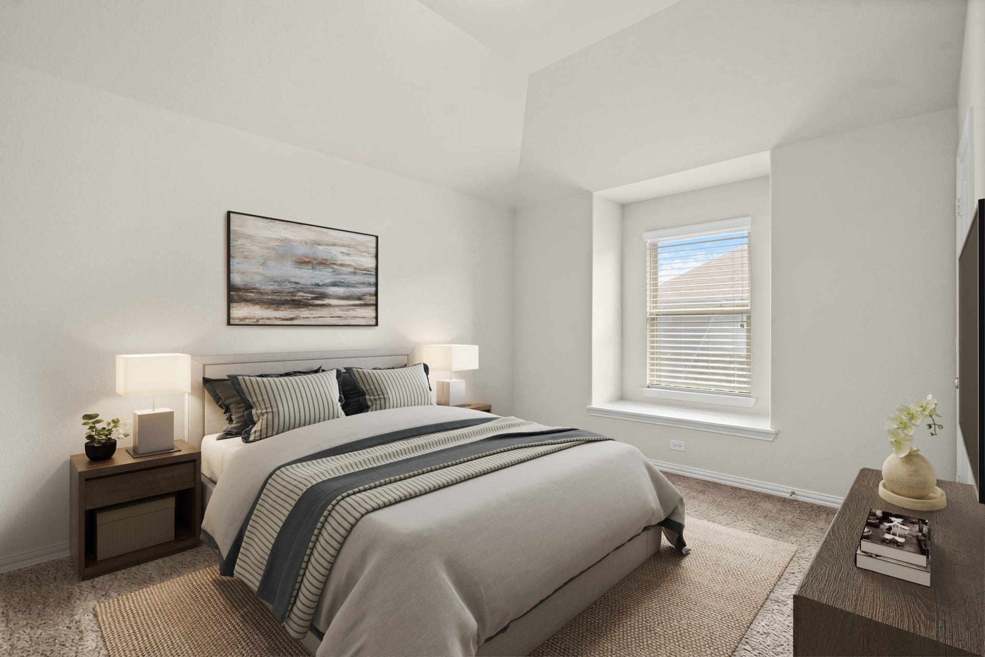 Virtually Staged: A spacious secondary bedroom layout features a deep window alcove with integrated seating space, high sloped ceilings, and plenty of room for a bed, dresser, and desk.