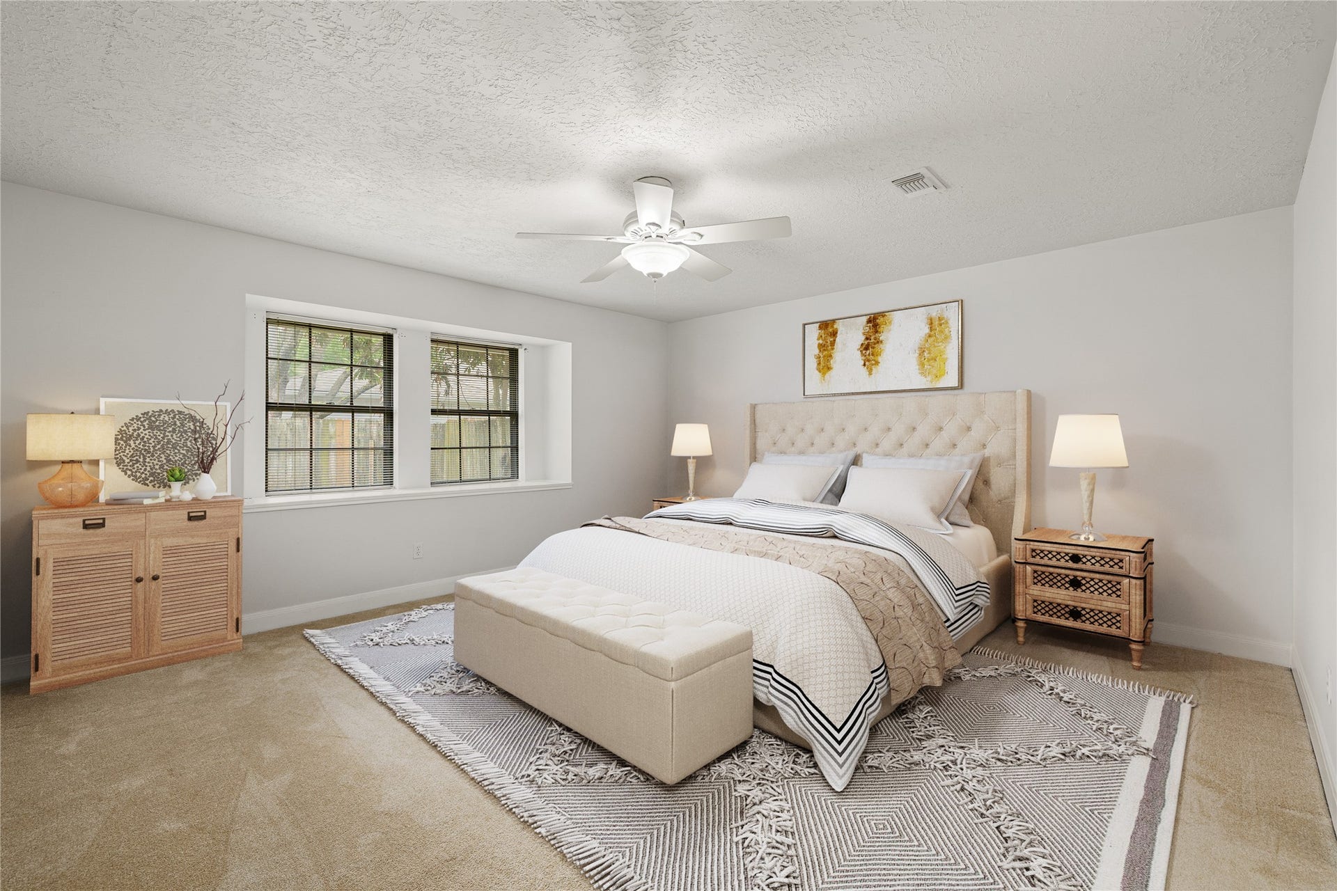 8007 Suspiro Drive, Houston, TX 77083 This serene primary suite serves as a true private retreat, offering a spacious and tranquil sanctuary designed for ultimate relaxation. Bathed in natural light from expansive windows, the room features a clean, modern aesthetic with a calming neutral color palette. *Virtually Staged