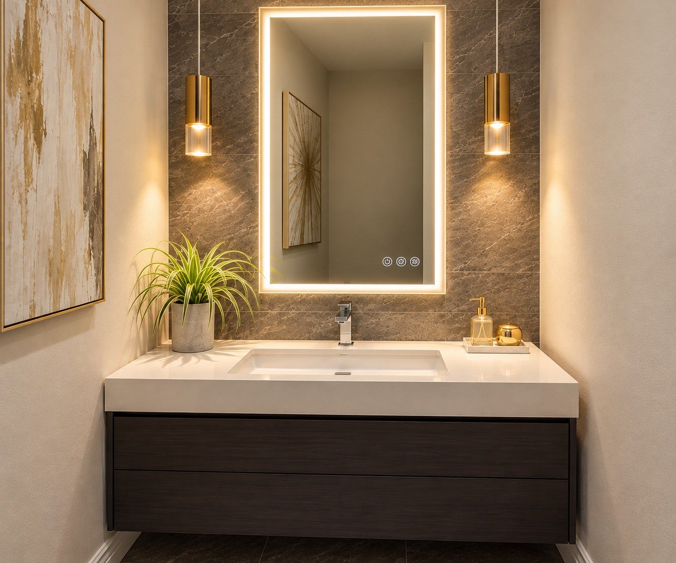 14423 Tivoli Drive, Houston, TX 77077 The contemporary powder bath pairs a streamlined vanity with dramatic tile, illuminated mirror and modern pendant lighting.