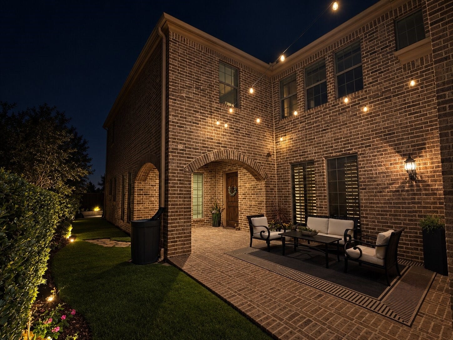 14423 Tivoli Drive, Houston, TX 77077 An inviting brick front courtyard with string lighting and comfortable seating provides a private space for outdoor relaxation.