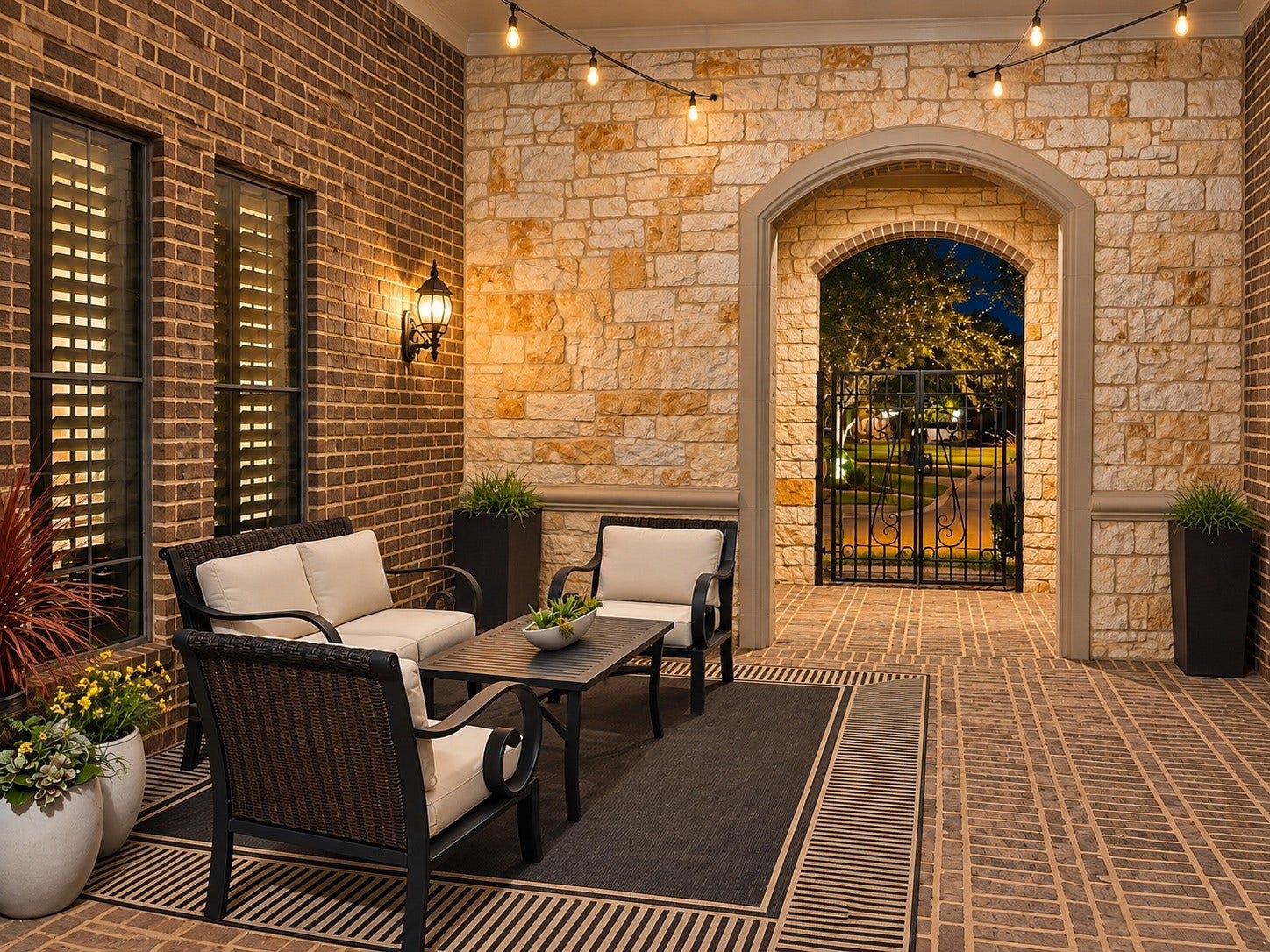 14423 Tivoli Drive, Houston, TX 77077 Arched stonework, a wrought-iron gate and a seating area give the courtyard character and functionality. An alternate seating area to unwind.