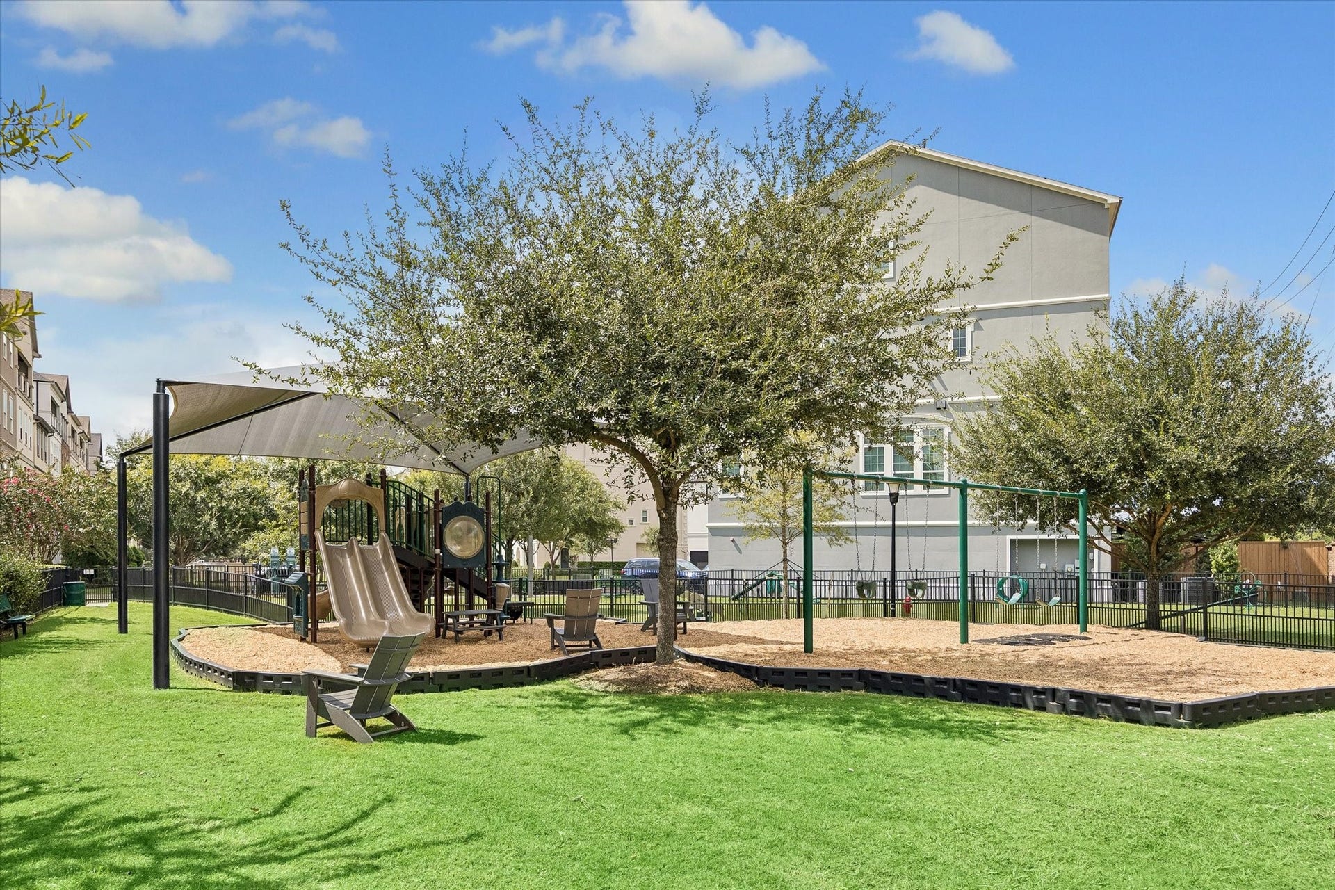 The property features a private playground, offering a dedicated outdoor space for recreation and play right at home.