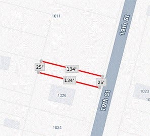 1022 19th Street, San Leon, TX 77539 This image shows a plot map highlighting a rectangular lot on 19th Street, measuring 25 feet in width and 134 feet in depth.
