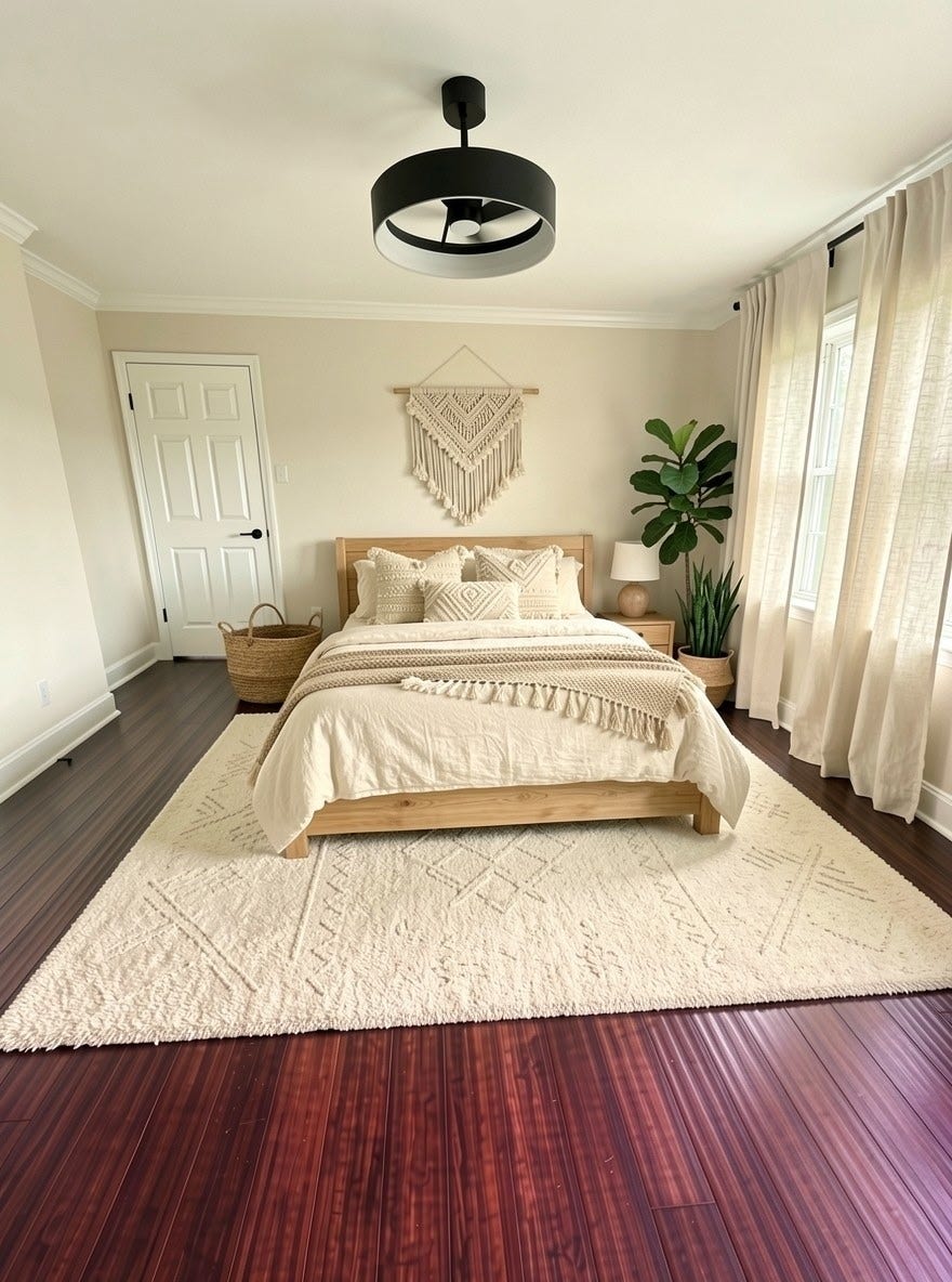7827 Zilonis Court, Jersey Village, TX 77040 AI generated photo of upstairs bedroom with large walk in closet and modern fan