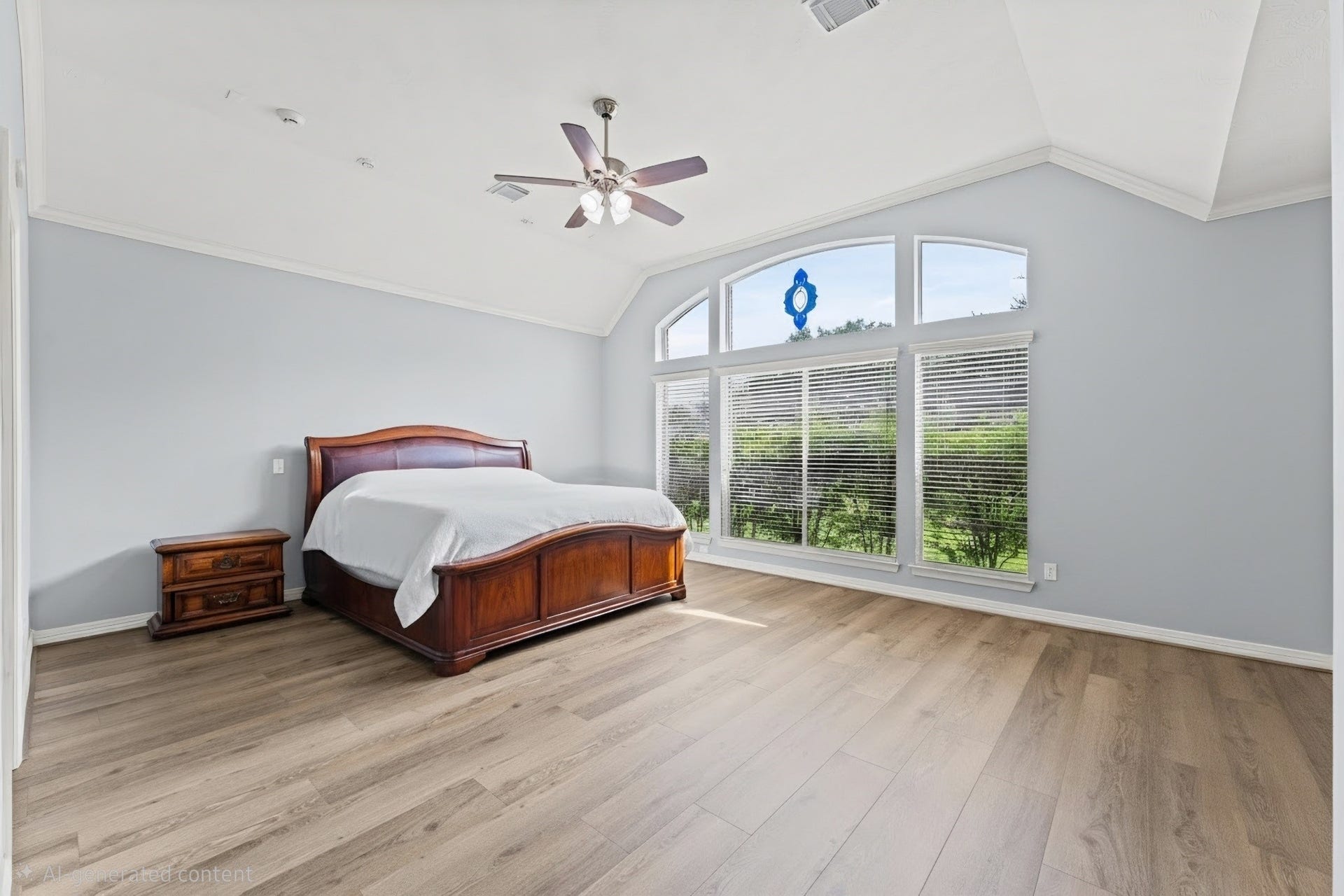 17202 Ledgefield, Cypress, TX 77433 The Primary bedroom offers 2 In-Ceiling Speakers, access to the covered patio/pool, tall ceilings a TV nook, updated flooring and beautiful natural lighting.