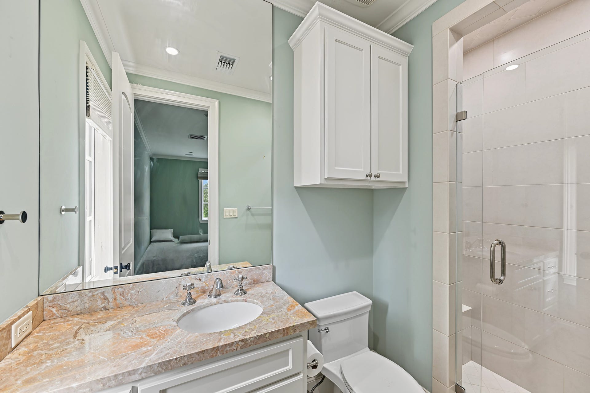 3223 Albans Road, West University Place, TX 77005 Ensuite bath has a glass enclosed walk-in shower.