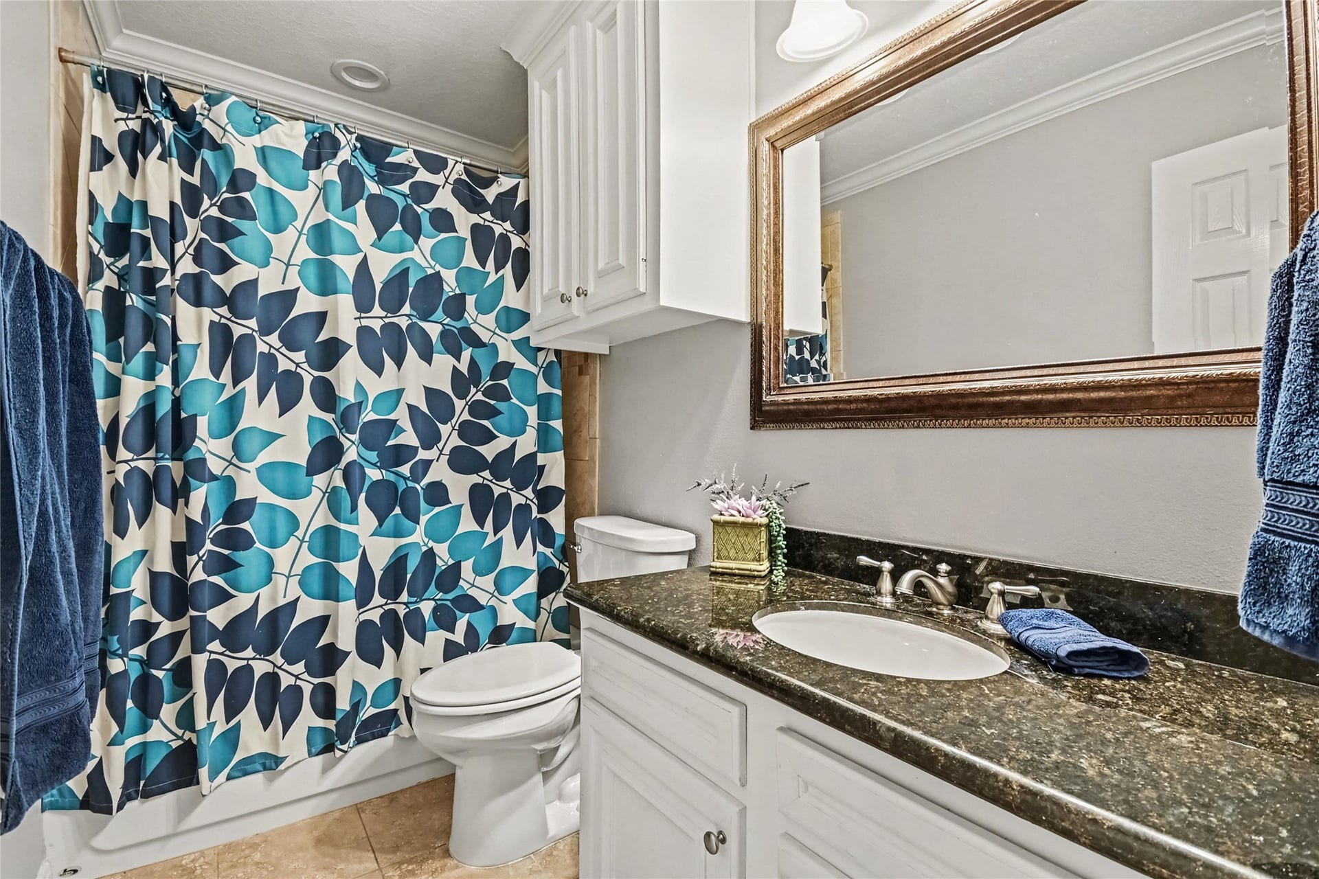 213 Rippling Creek Lane, Alvin, TX 77511 Hall bath has tub/shower combo, granite countertops and crown molding and elevated toilet