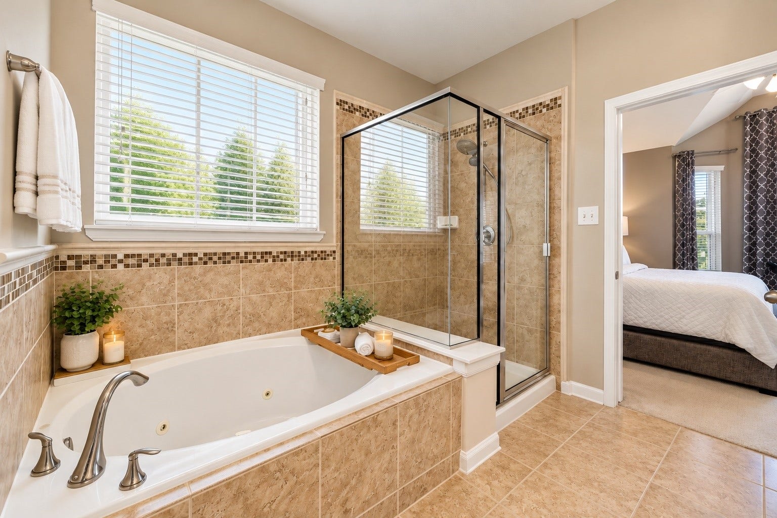 Melt away the stress of the day with a calming bubble bath in this oversized jetted tub. The separate walk-in shower offers flexibility and the natural light gives you more light for getting ready in the morning.