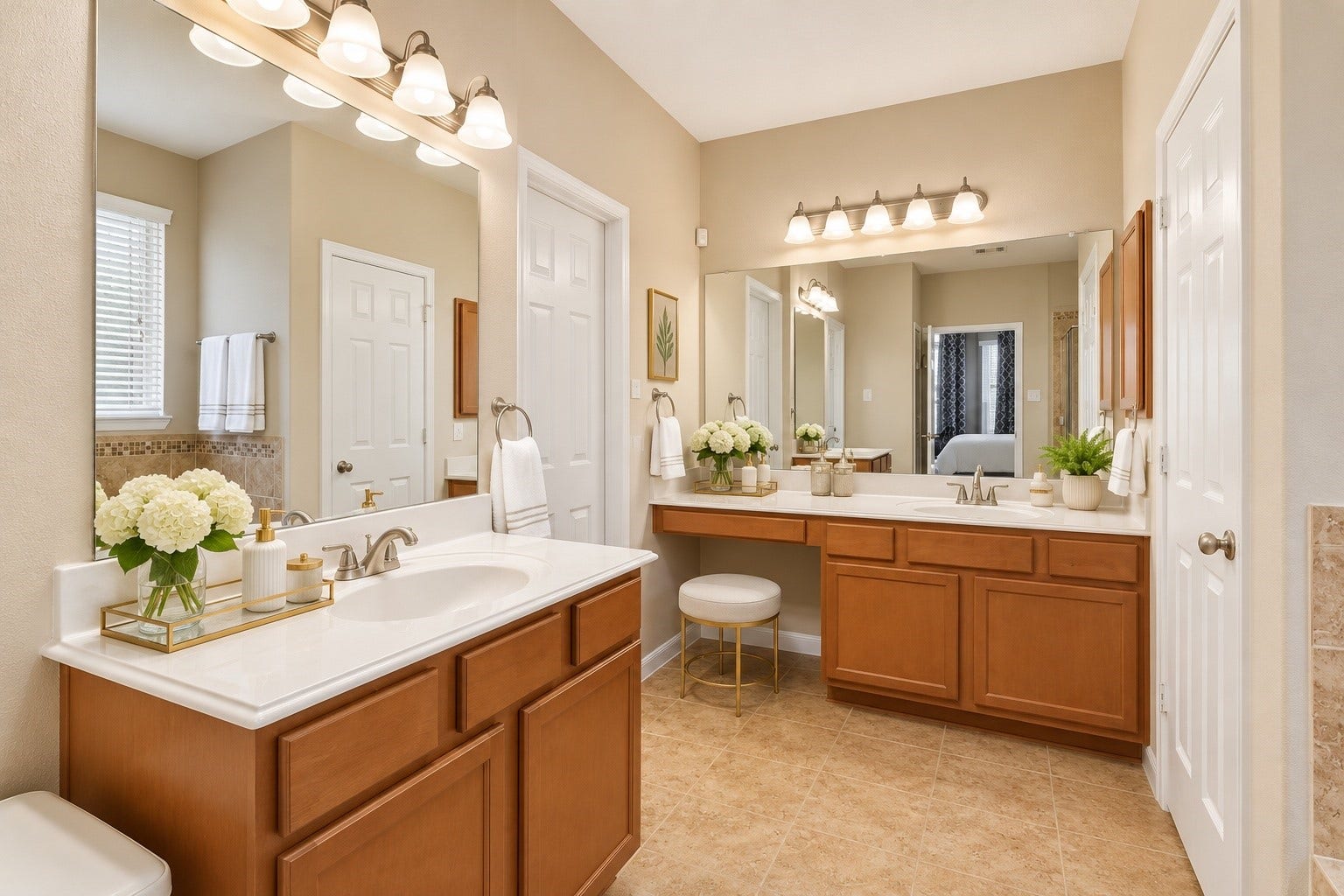 No more fighting for counter space! These separate vanities offer ample space, storage & separation to allow for stress-free mornings!