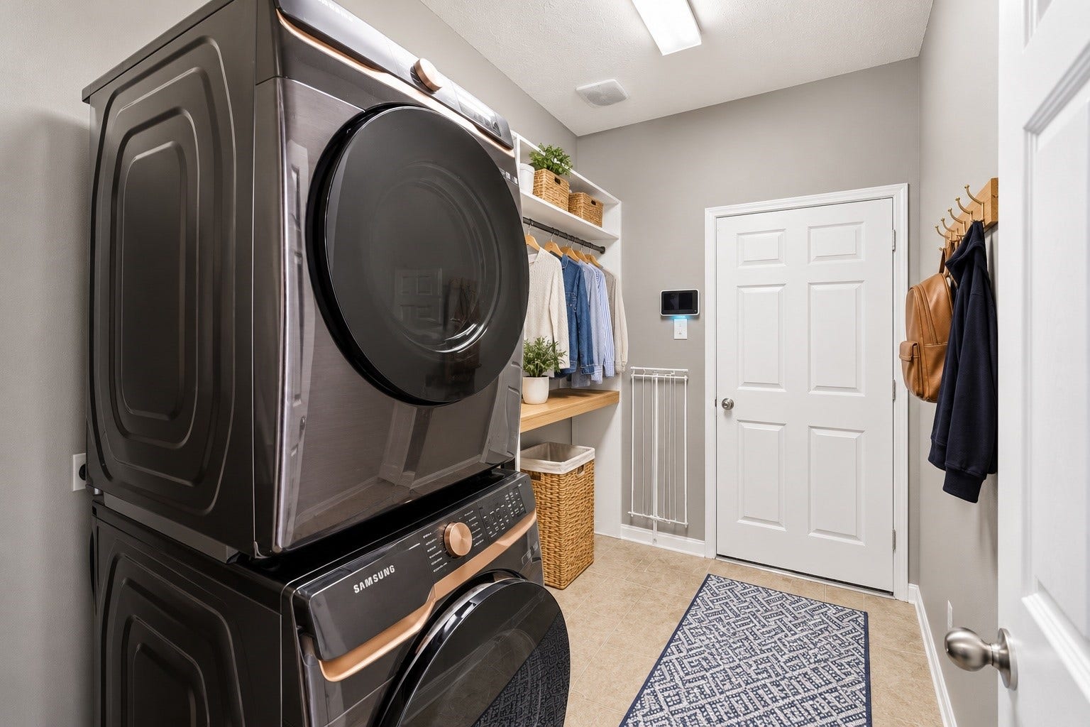 This thoughtfully designed laundry room is just off the foyer & garage. It doubles as a Mud Room and offers a counter & hanging space.