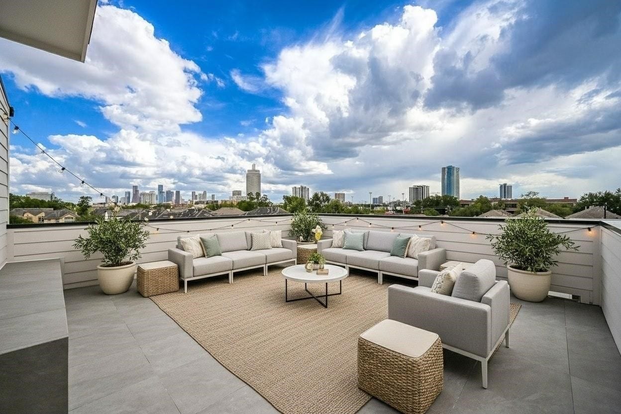 Take in breathtaking views of both Downtown and the Galleria from this expansive 4th floor rooftop deck, designed for both relaxation and entertaining. Theres plenty of space for outdoor furniture and gatherings. Note: this photo has been virtually staged.